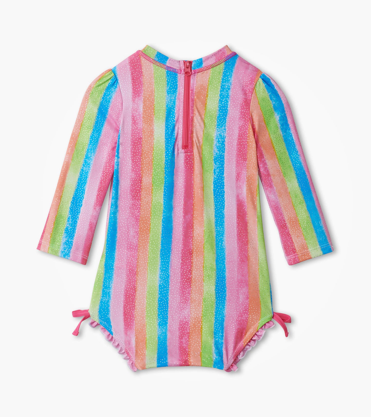 Colorful long-sleeve rashguard swimsuit with rainbow stripes and ruffled edges, featuring a back zipper closure.