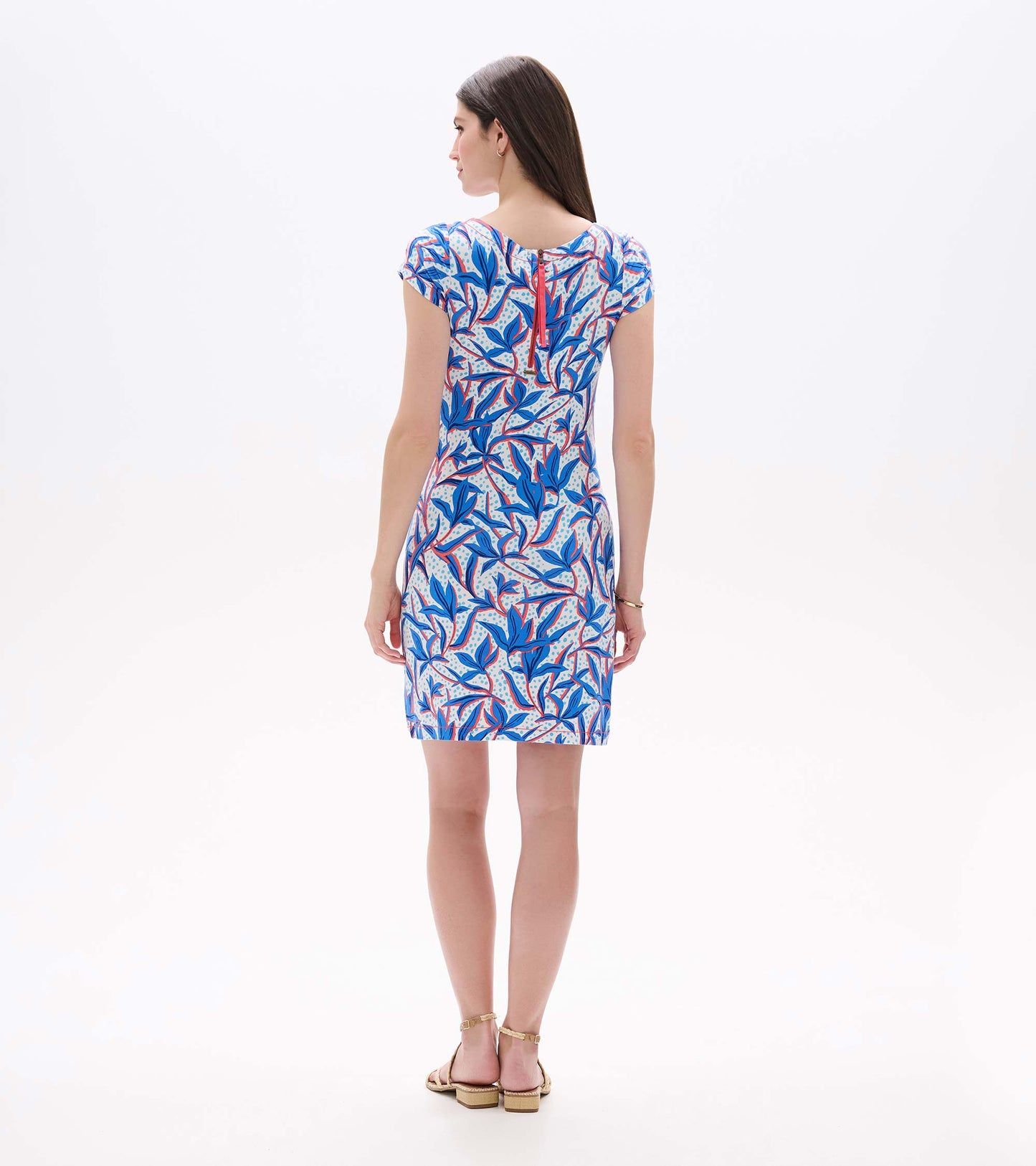 Floral print dress in blue, featuring short sleeves and a back zipper, perfect for casual summer outings.