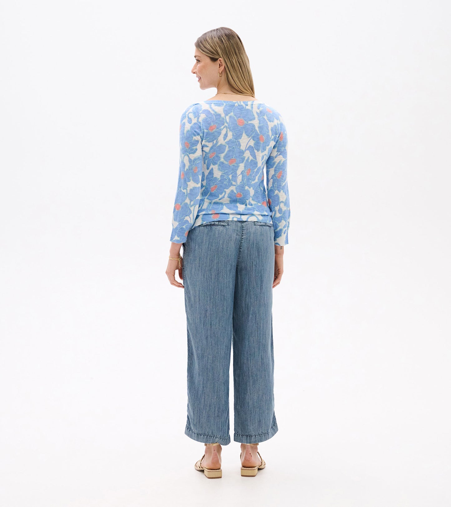 Light blue 3/4 sleeve knit top with textured poppy floral pattern, paired with loose denim pants.