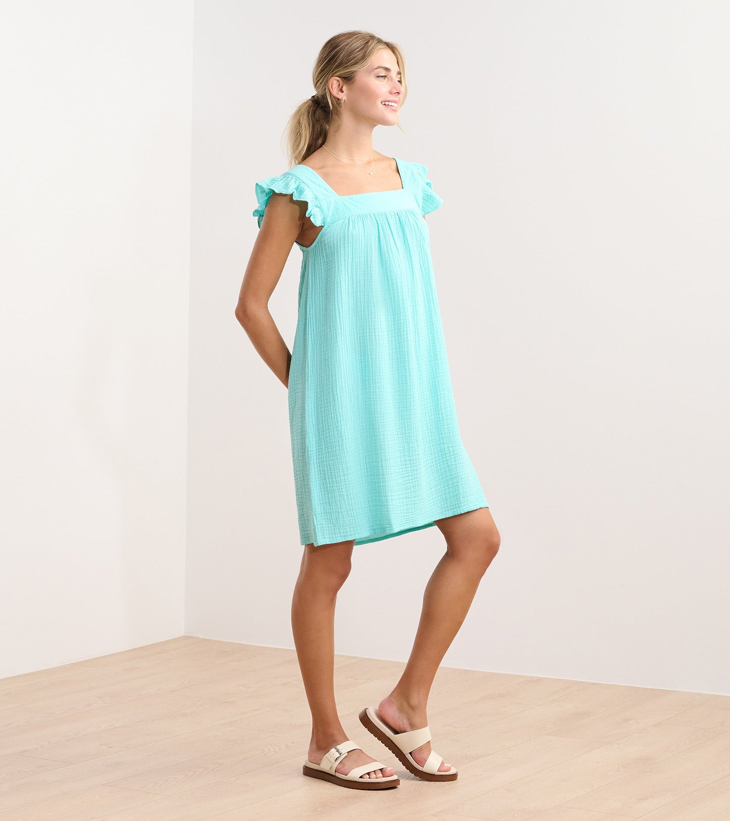 Flutter Sleeve Dress - Aruba Blue