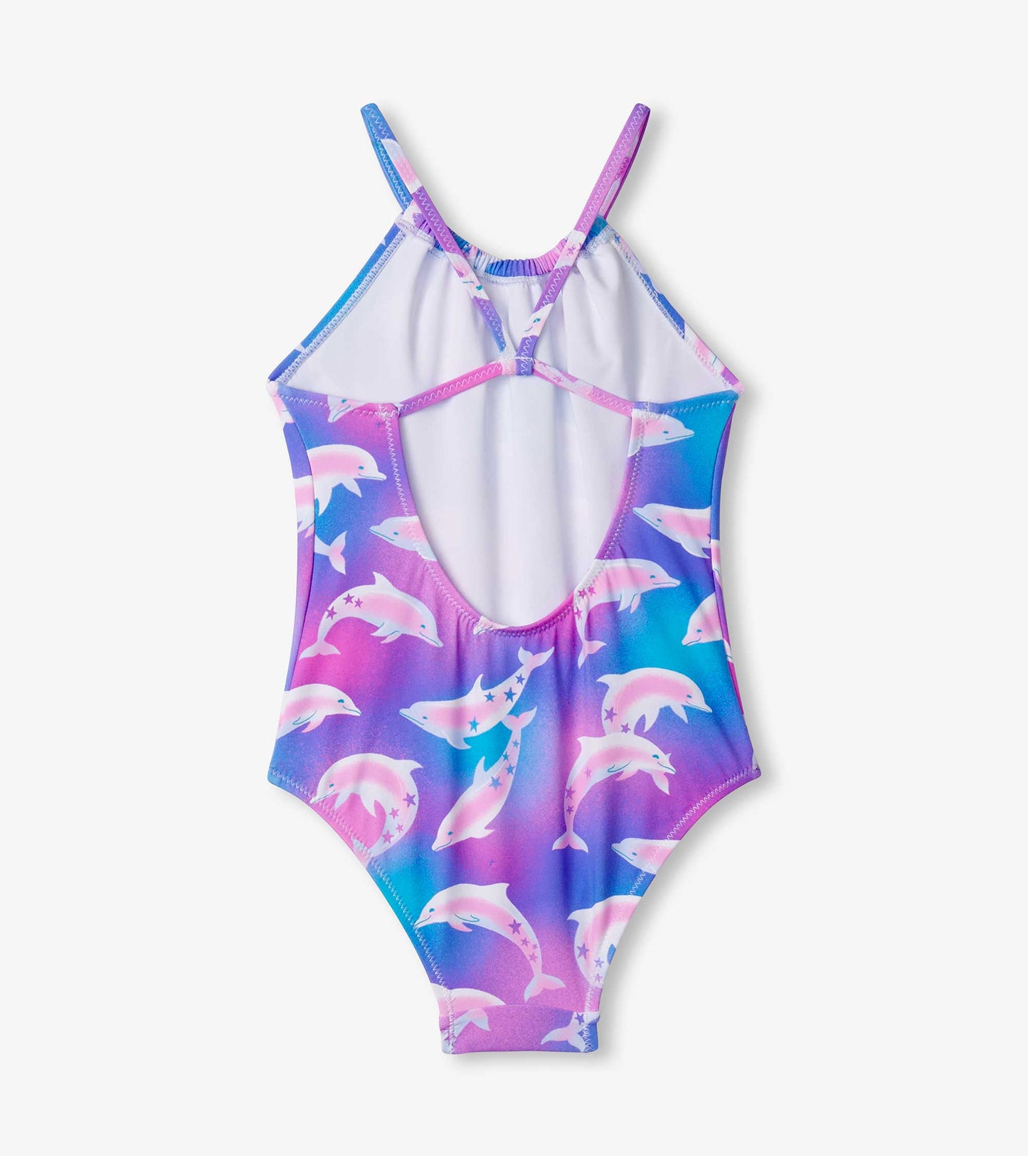Colorful swimsuit featuring a dolphin print in pink and blue, with a racerback design and open back.
