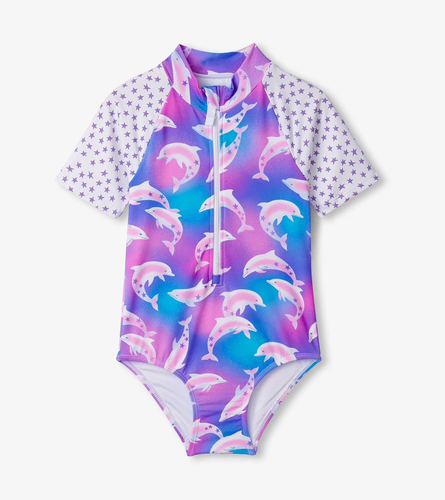 Purple one-piece rashguard featuring a dolphin print and star-patterned sleeves, ideal for water activities.