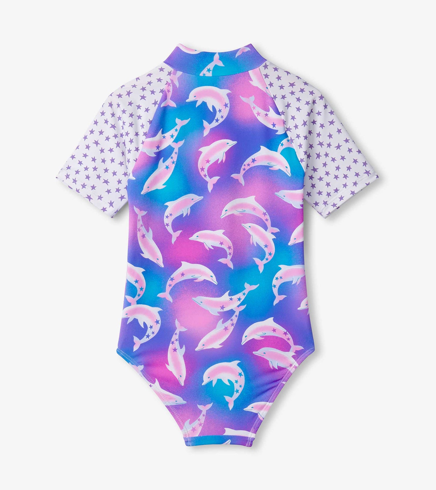 Purple one-piece rashguard featuring a dolphin print and star pattern on sleeves, ideal for swimwear.