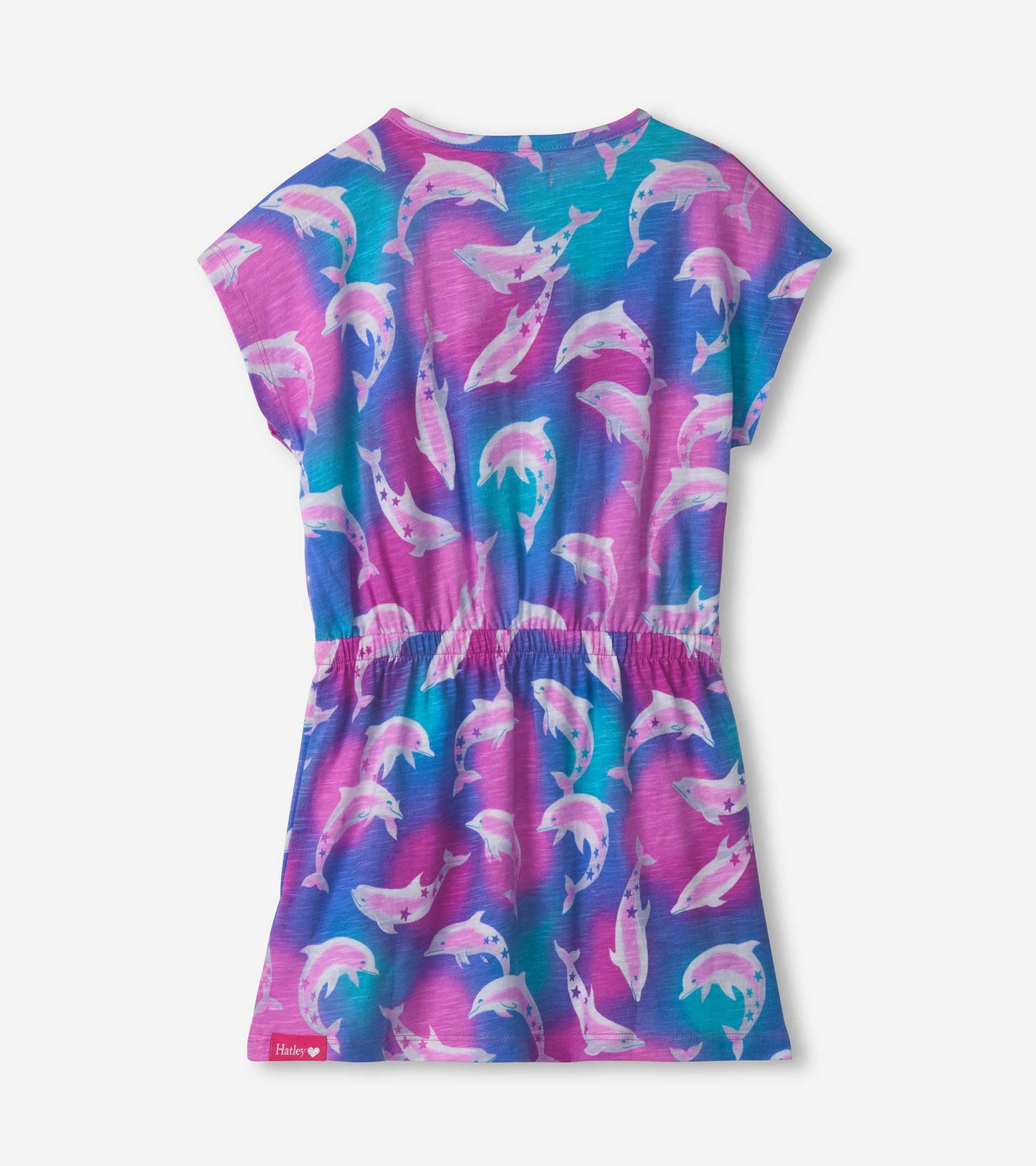 Colorful relaxed dress featuring a dolphin print in shades of pink, blue, and purple with an elastic waist.