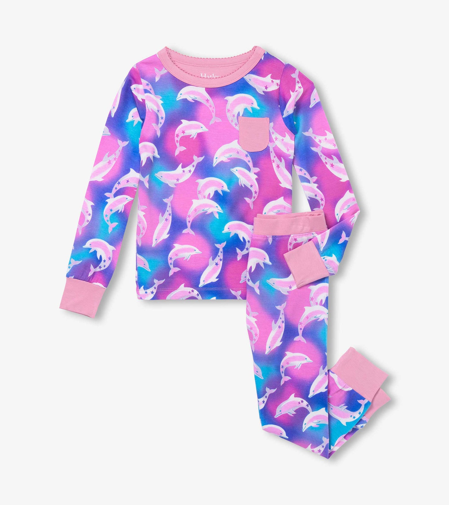 Long-sleeve pajama set featuring a colorful dolphin print on a pink and blue gradient background.
