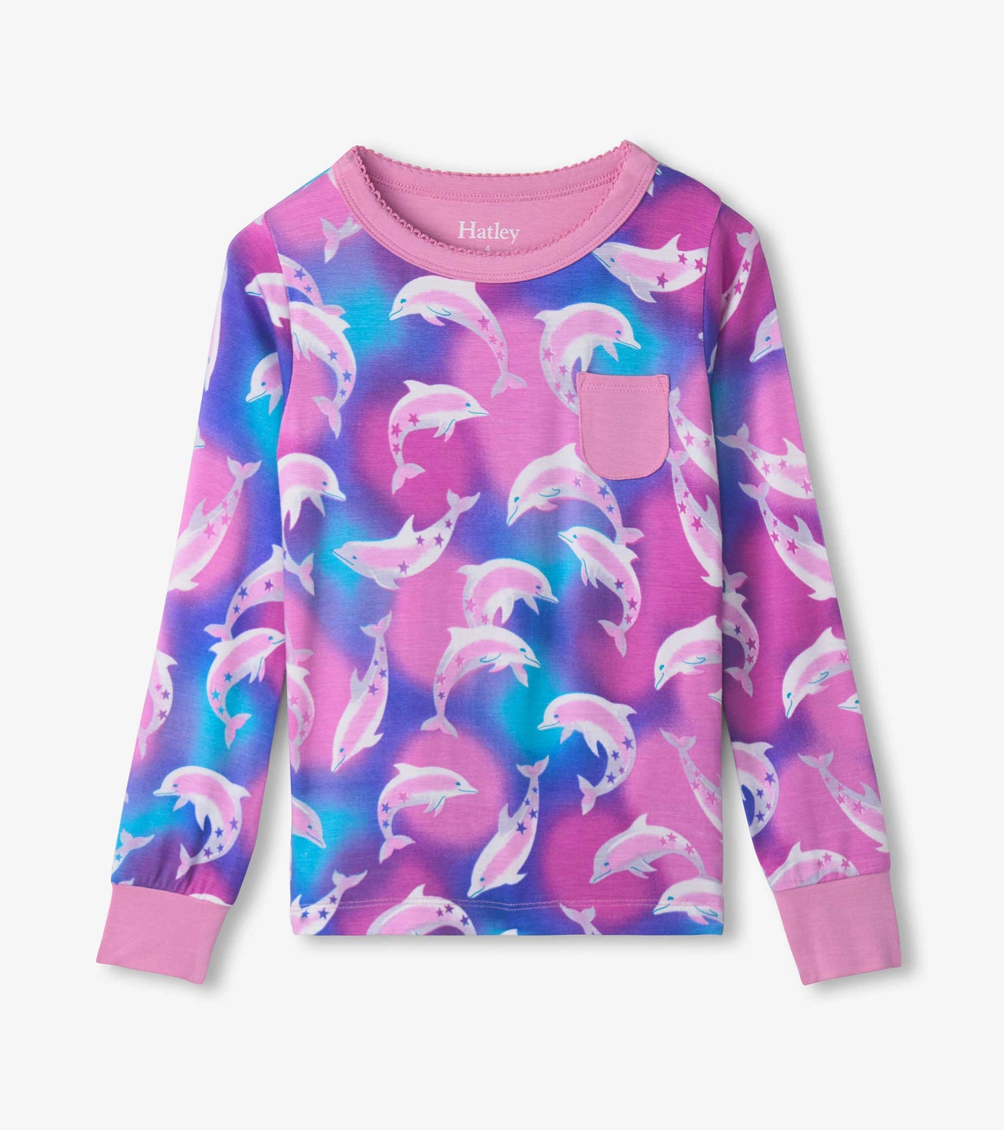Long-sleeve pajama top featuring a vibrant pink and blue dolphin print with a small pocket on the chest.