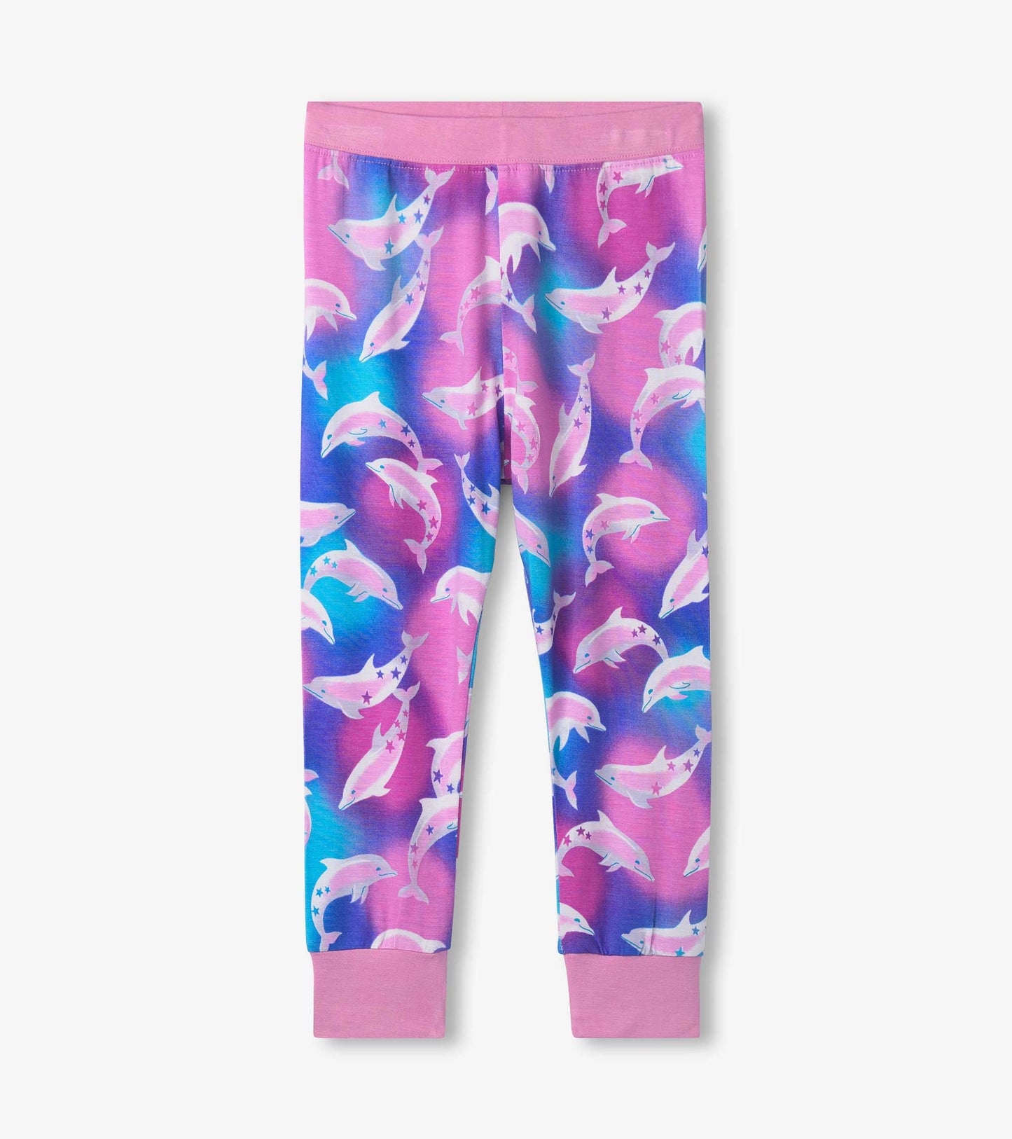Pink and blue pajama set featuring an all-over dolphin print, made from soft bamboo fabric with cuffed legs.