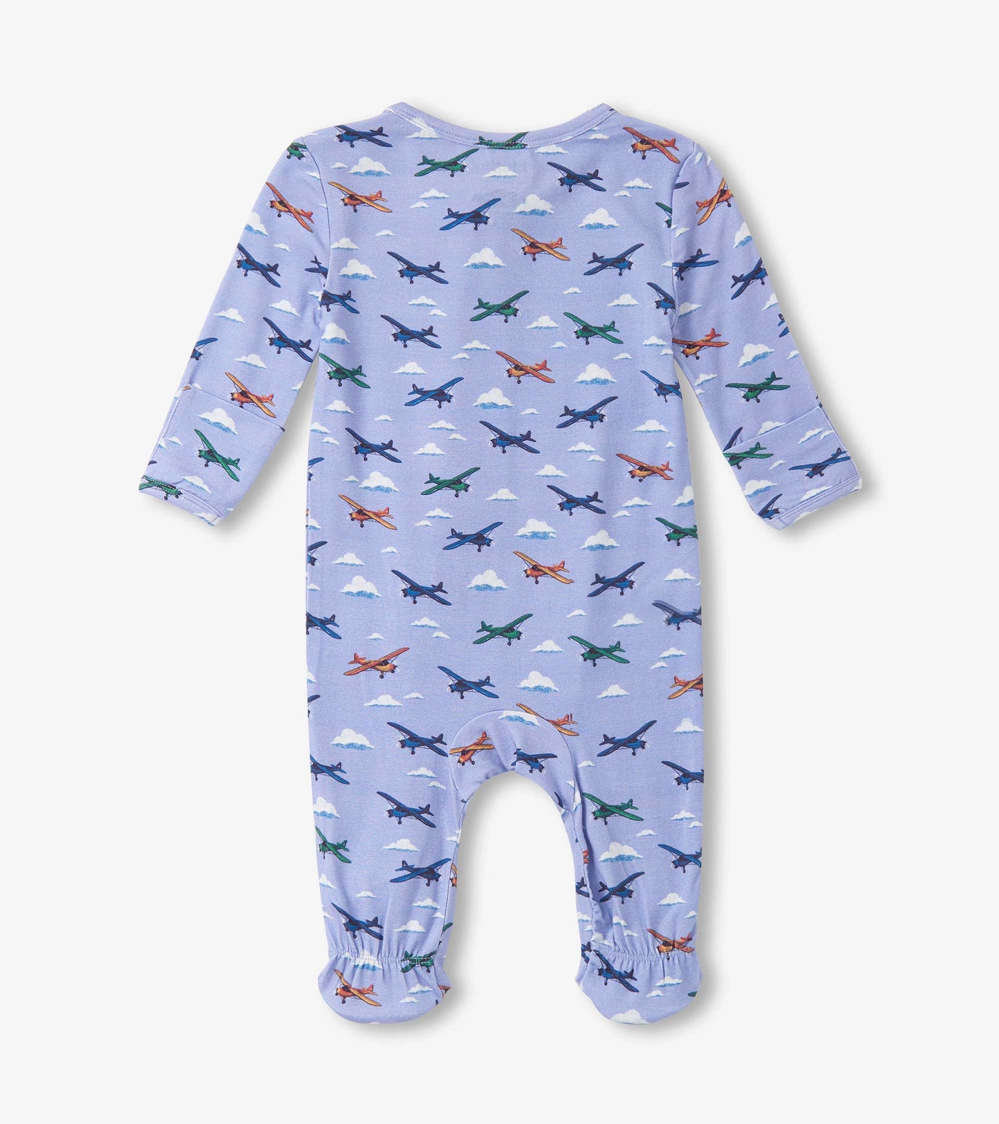 Light purple footed sleeper featuring colorful airplane patterns and elastic cuffs, suitable for baby boys.