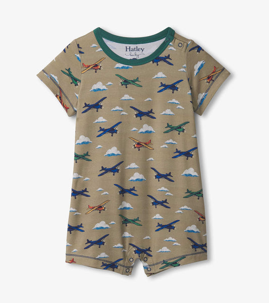 Tan bamboo romper featuring colorful airplane prints and a green neckline, suitable for baby and toddler boys.