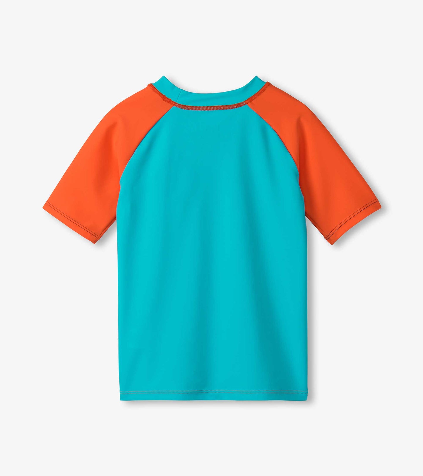 Short sleeve rashguard in bright turquoise with orange raglan sleeves, ideal for water activities. Back view shown.