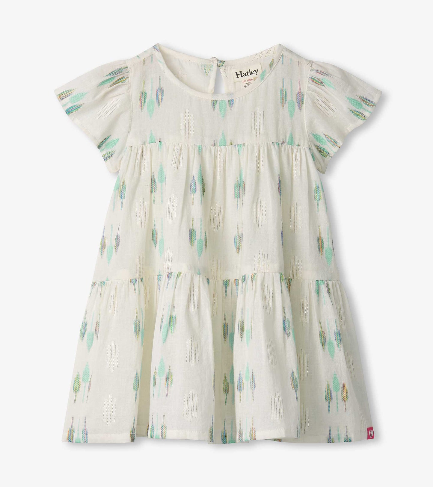 Light cream dress with blue feather patterns, short sleeves, and a tiered skirt design for baby and toddler girls.