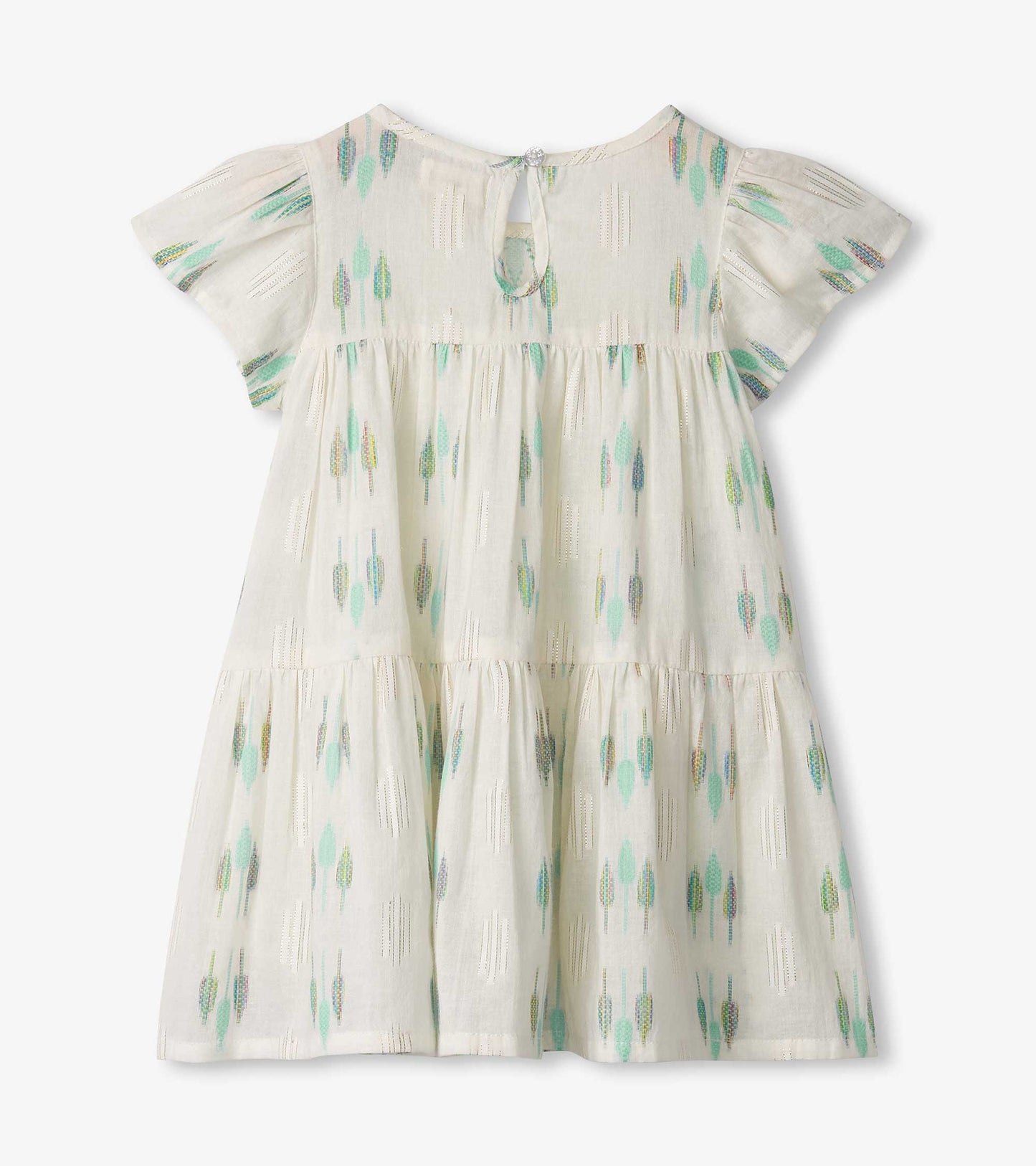 Light cream dress with blue and green feather patterns, short sleeves, and a tiered skirt design. Back button closure.