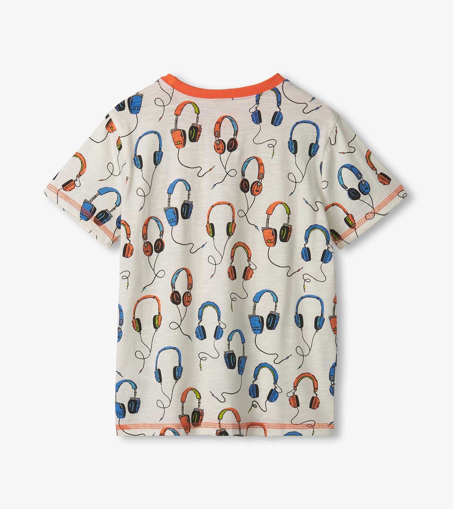 Cream t-shirt featuring a colorful headphone pattern, with an orange neckline and sleeve trim.