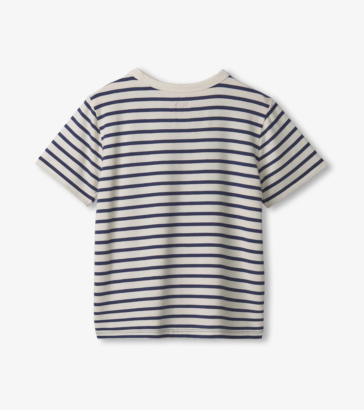 Boys' short-sleeve tee in cream with navy horizontal stripes, featuring a classic crew neckline. Back view shown.