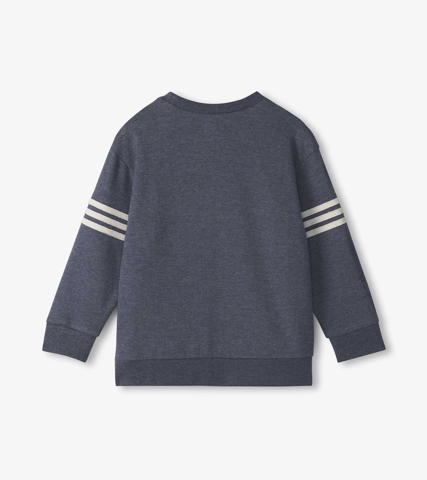 Navy pullover sweatshirt for boys with white stripes on the sleeves and a relaxed fit.