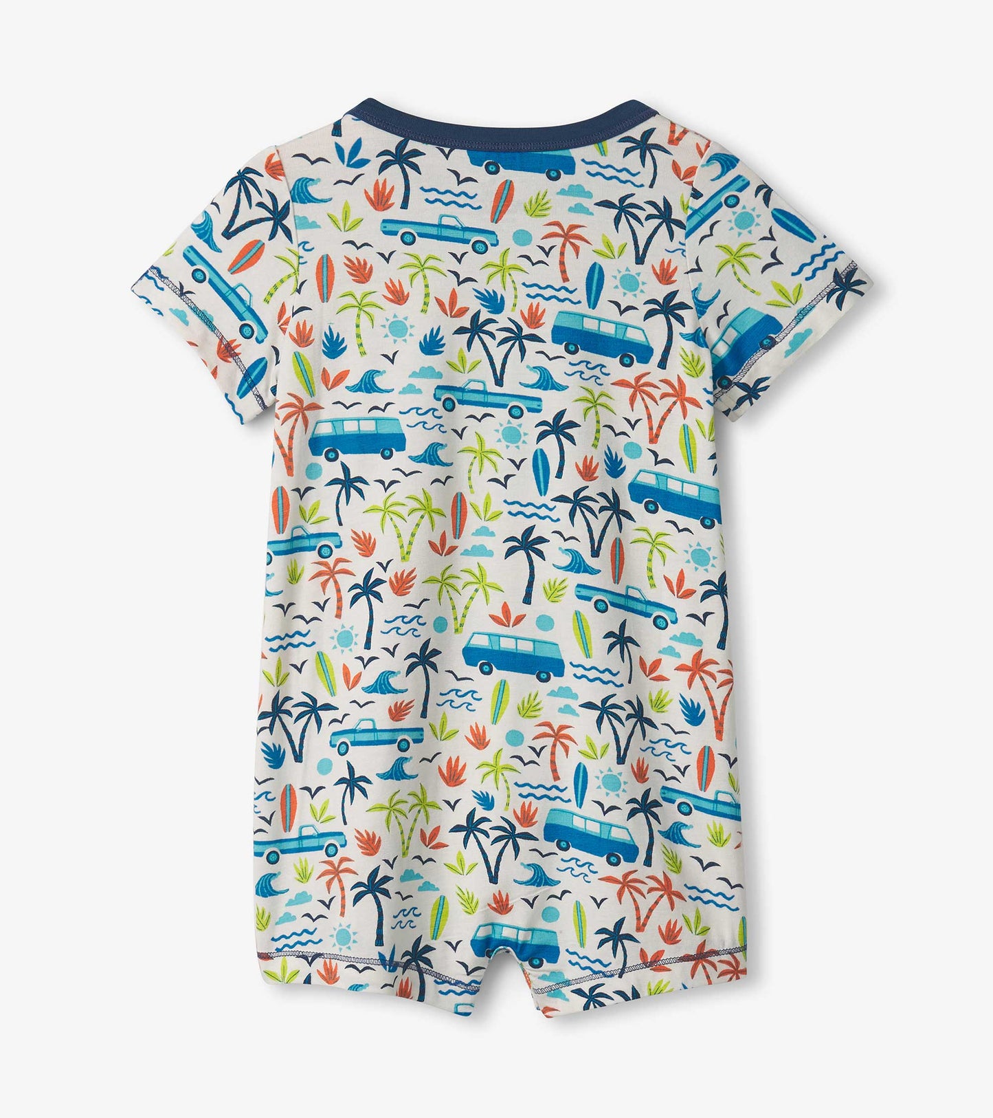Bamboo romper for boys featuring a colorful beach party print with cars, palm trees, and surfboards. Back view shown.