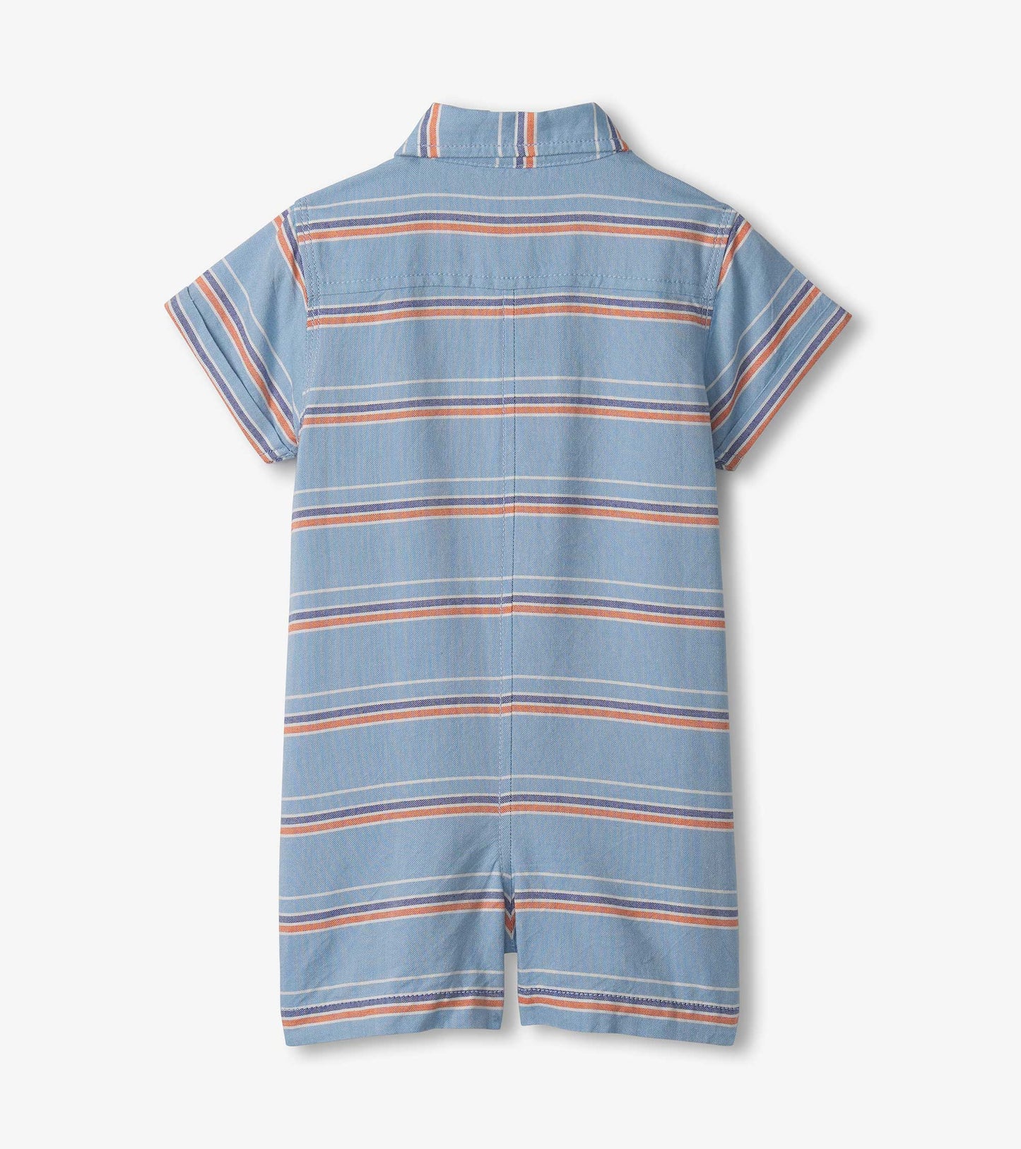 Blue woven romper for baby and toddler boys featuring short sleeves and a striped pattern in orange and white.