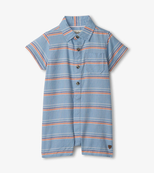 Light blue woven romper for baby boys, featuring short sleeves and horizontal stripes in orange and white.