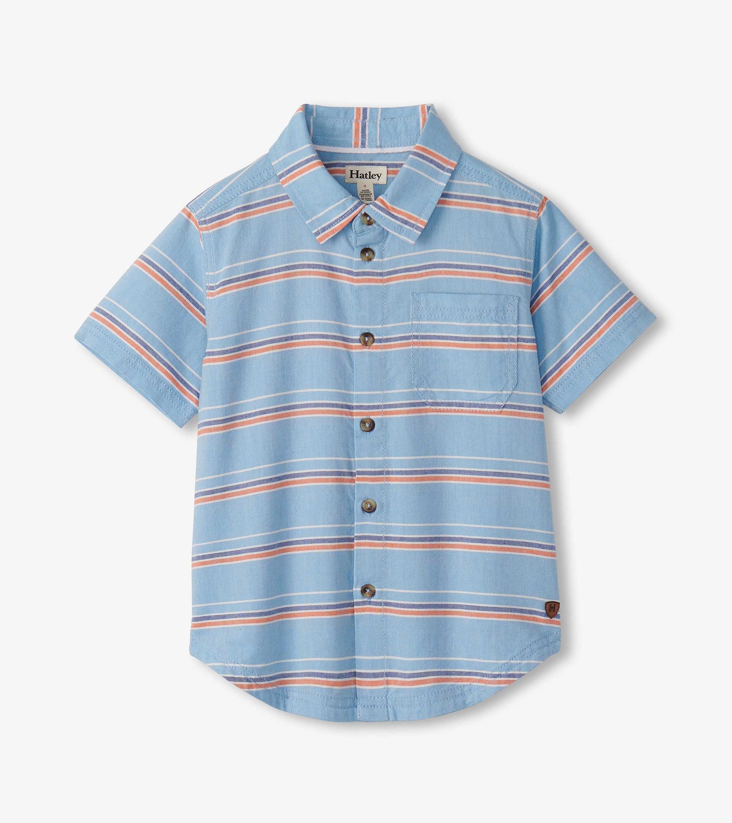 Short-sleeve blue button-down shirt with horizontal stripes in pink and white, featuring a chest pocket.