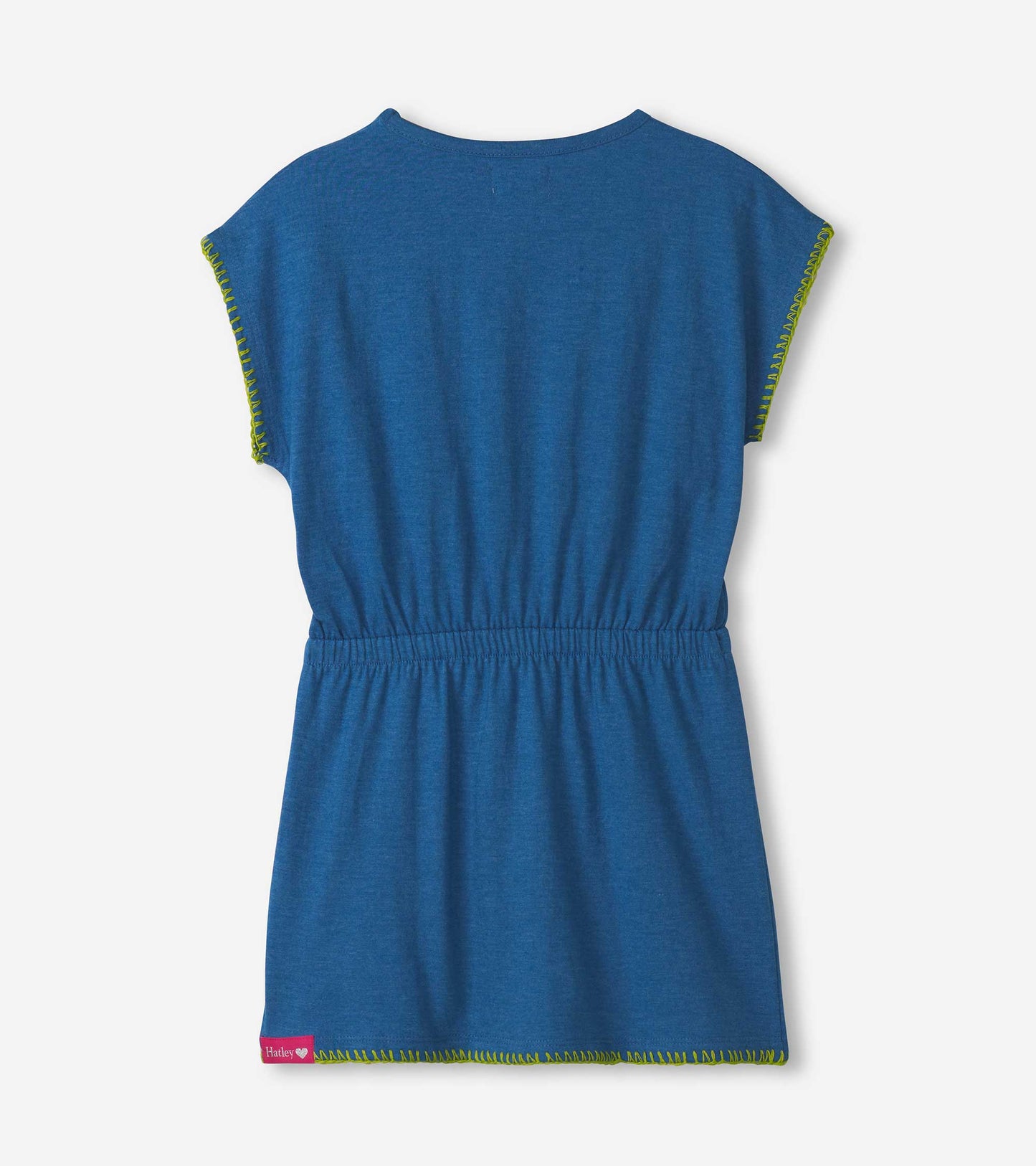 Blue relaxed dress with short sleeves and elastic waist, featuring green stitching along the sleeves. Back view.