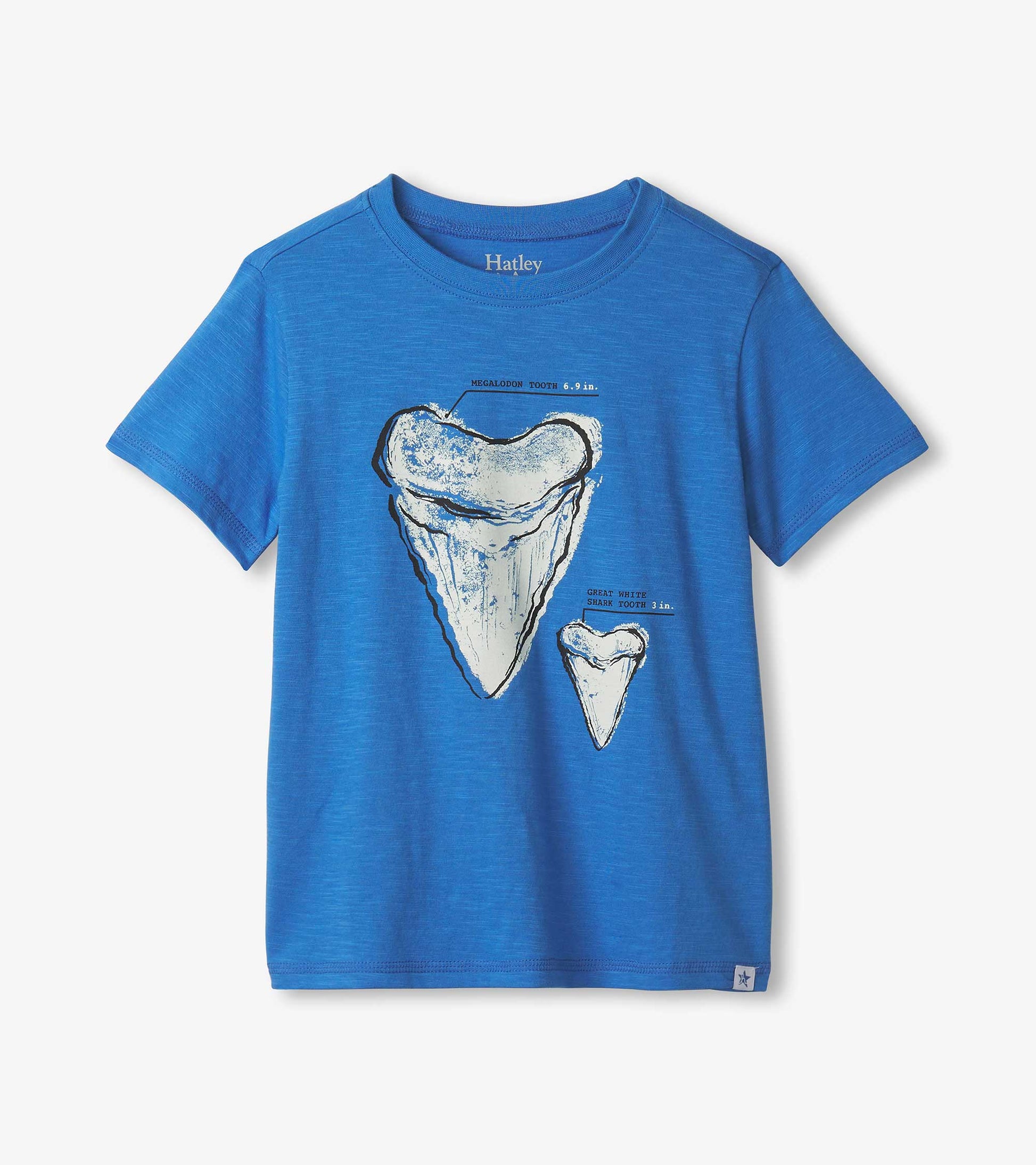Blue graphic tee featuring shark tooth illustrations in white and black, suitable for boys.