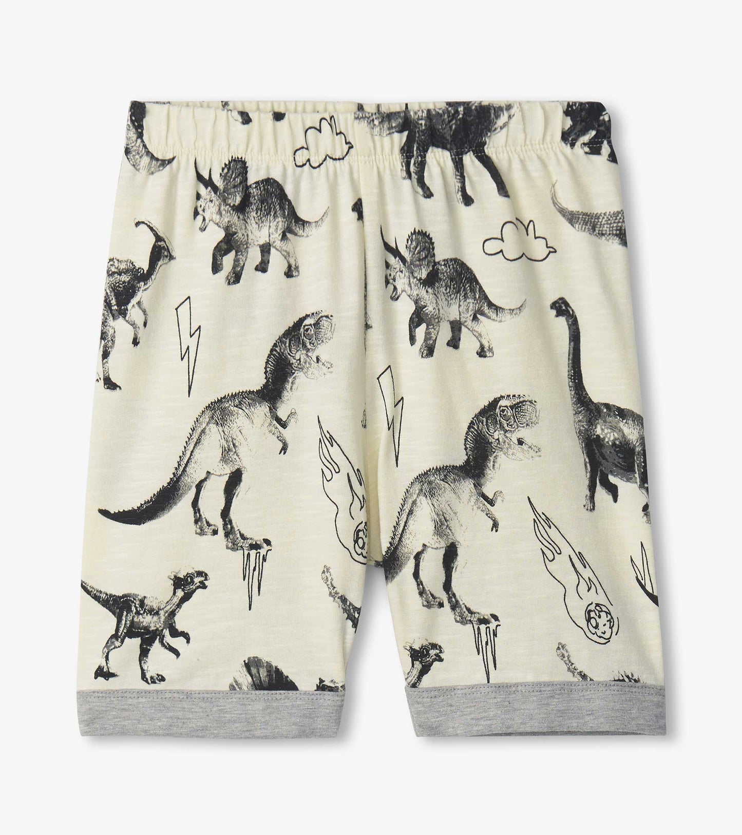 Short pajama set featuring a dinosaur print in black on a cream background, with a gray elastic waistband.
