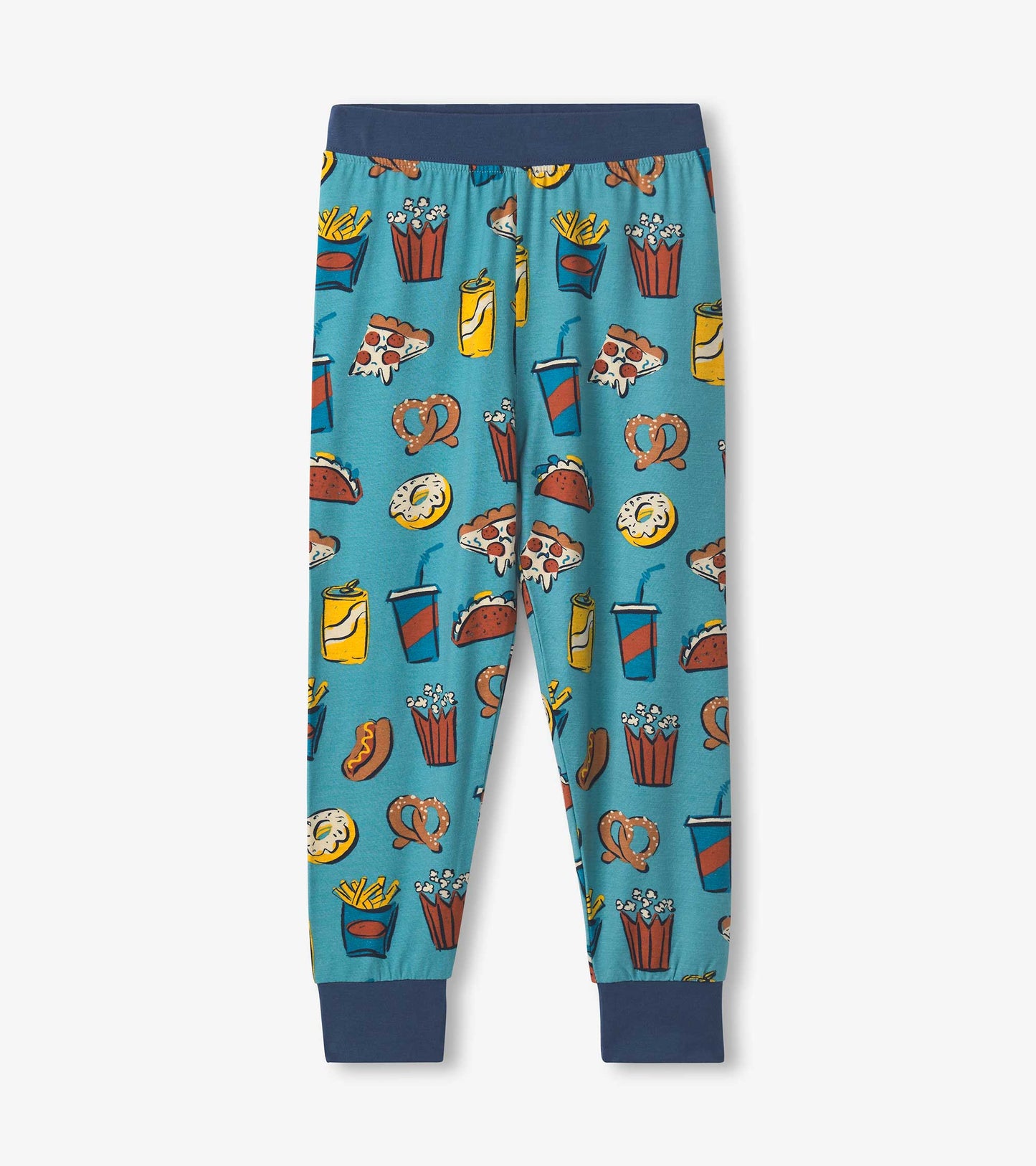 Bamboo pajama set featuring a fun carnival food print on a teal background with navy cuffs.