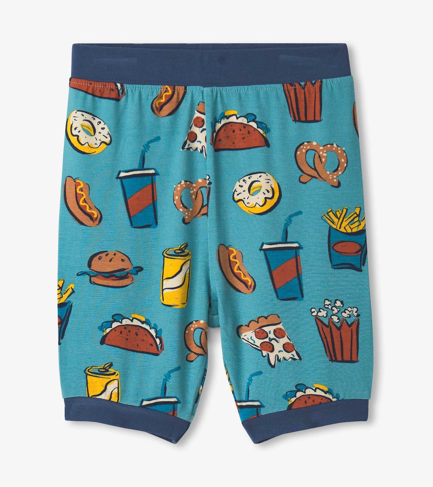 Bamboo short pajama set featuring a fun food print on a teal background with a navy waistband.