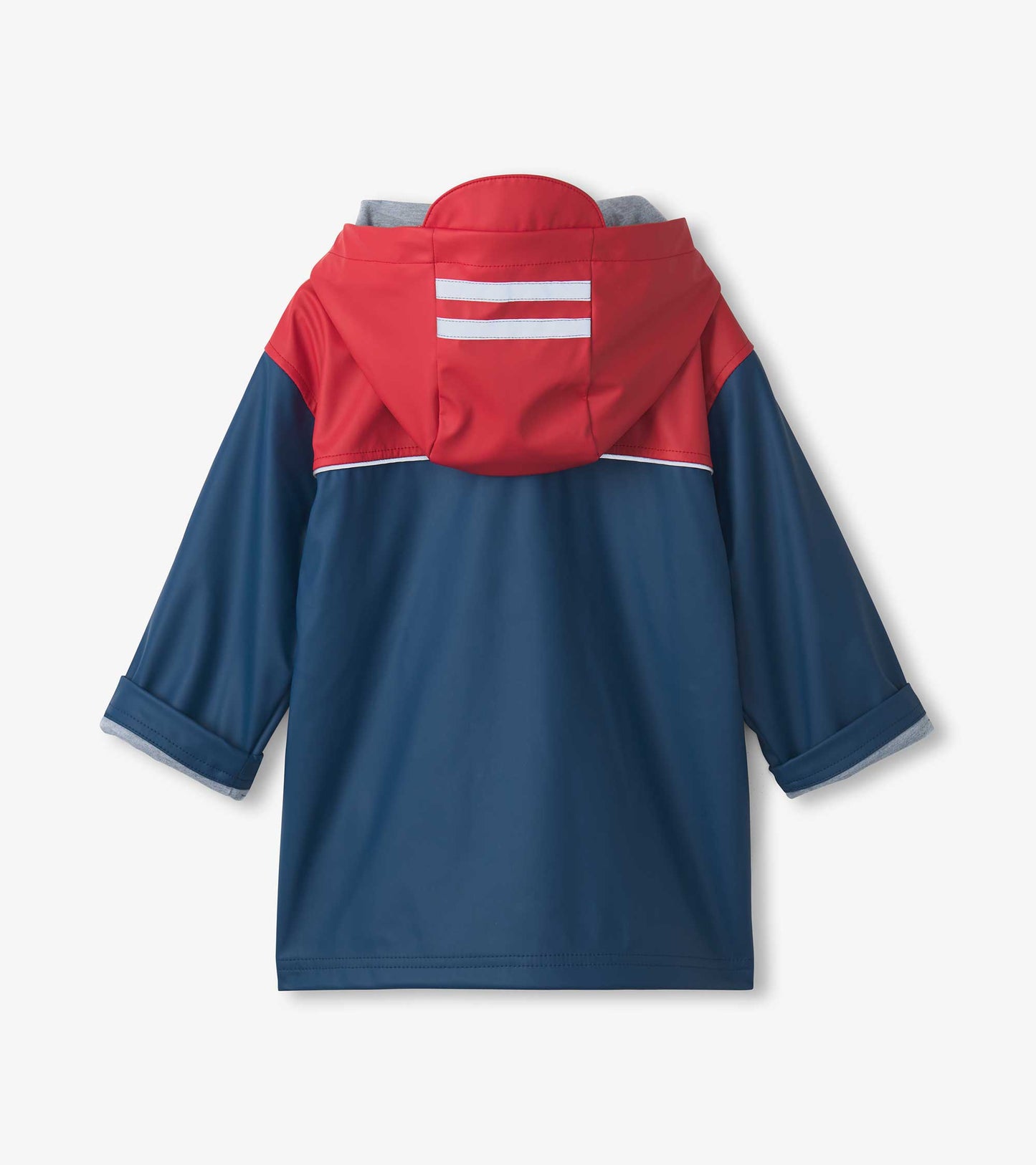 Red and navy zip-up rain jacket with a hood, featuring a color-block design and rolled sleeves.