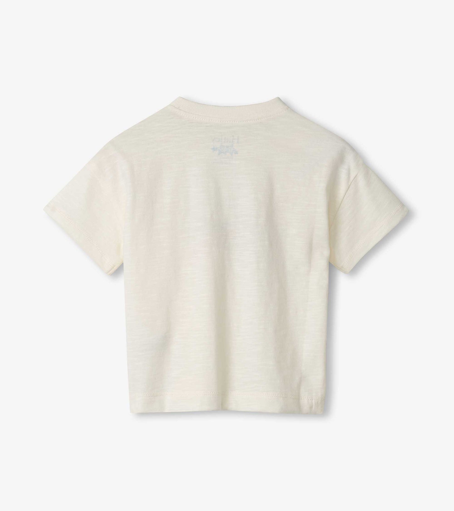 Cream-colored slouchy tee for baby and toddler boys, featuring short sleeves and a relaxed fit. Back view shown.