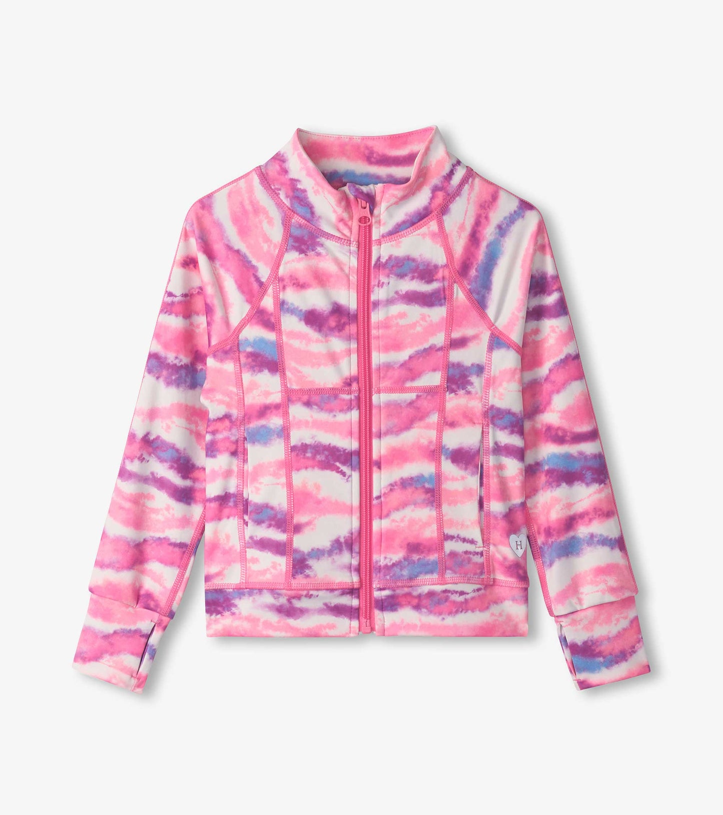 Pink and purple ombre active jacket with a zip front, long sleeves, and a soft, stretchy fabric.