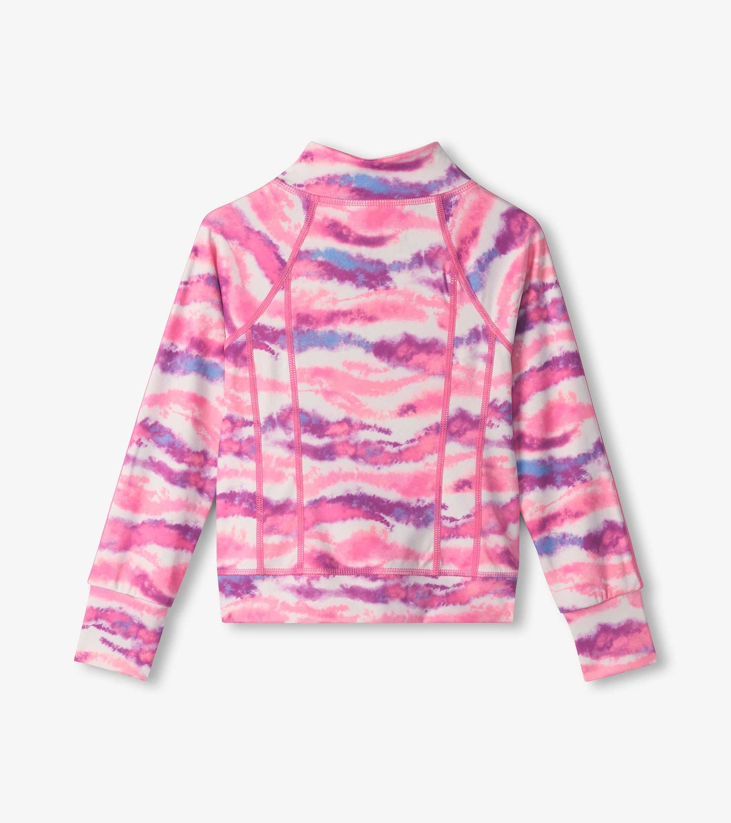 Girls' active jacket in pink ombre tie-dye pattern with long sleeves and a high collar, designed for active wear.