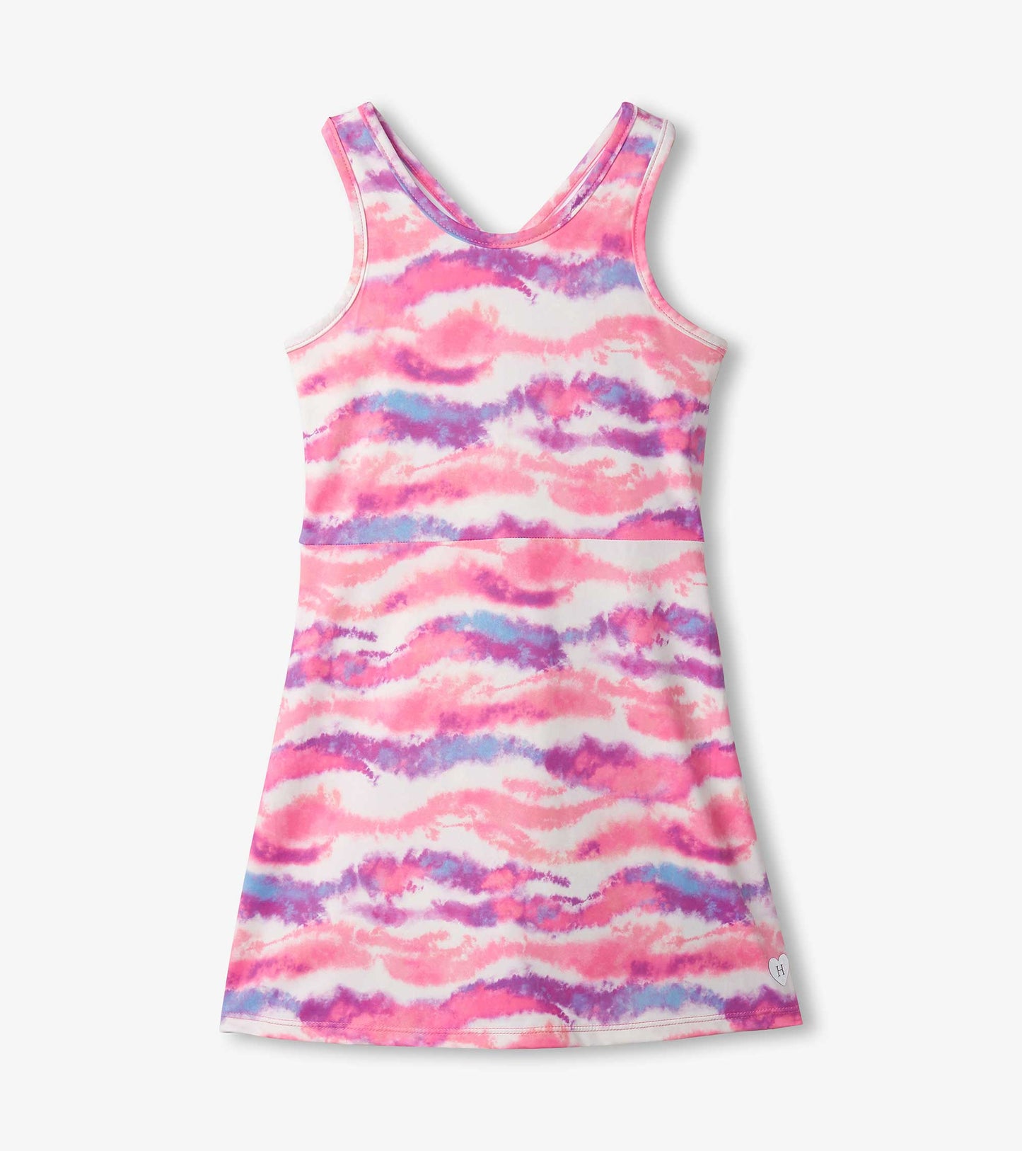Pink and purple ombre A-line dress with a wavy pattern and a V-neck, suitable for active wear.