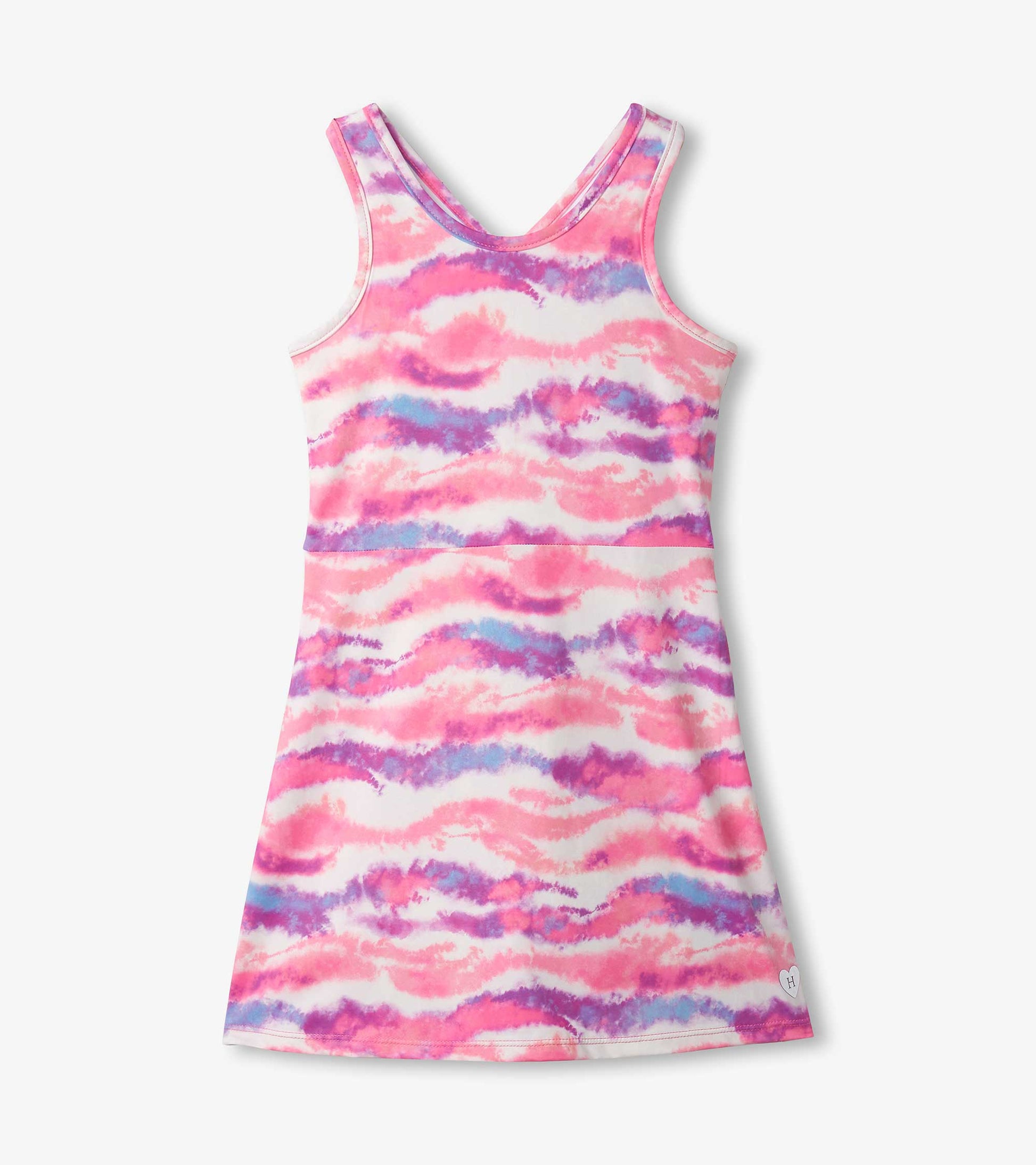 Pink and purple ombre A-line dress with a wavy pattern and a V-neck, suitable for active wear.