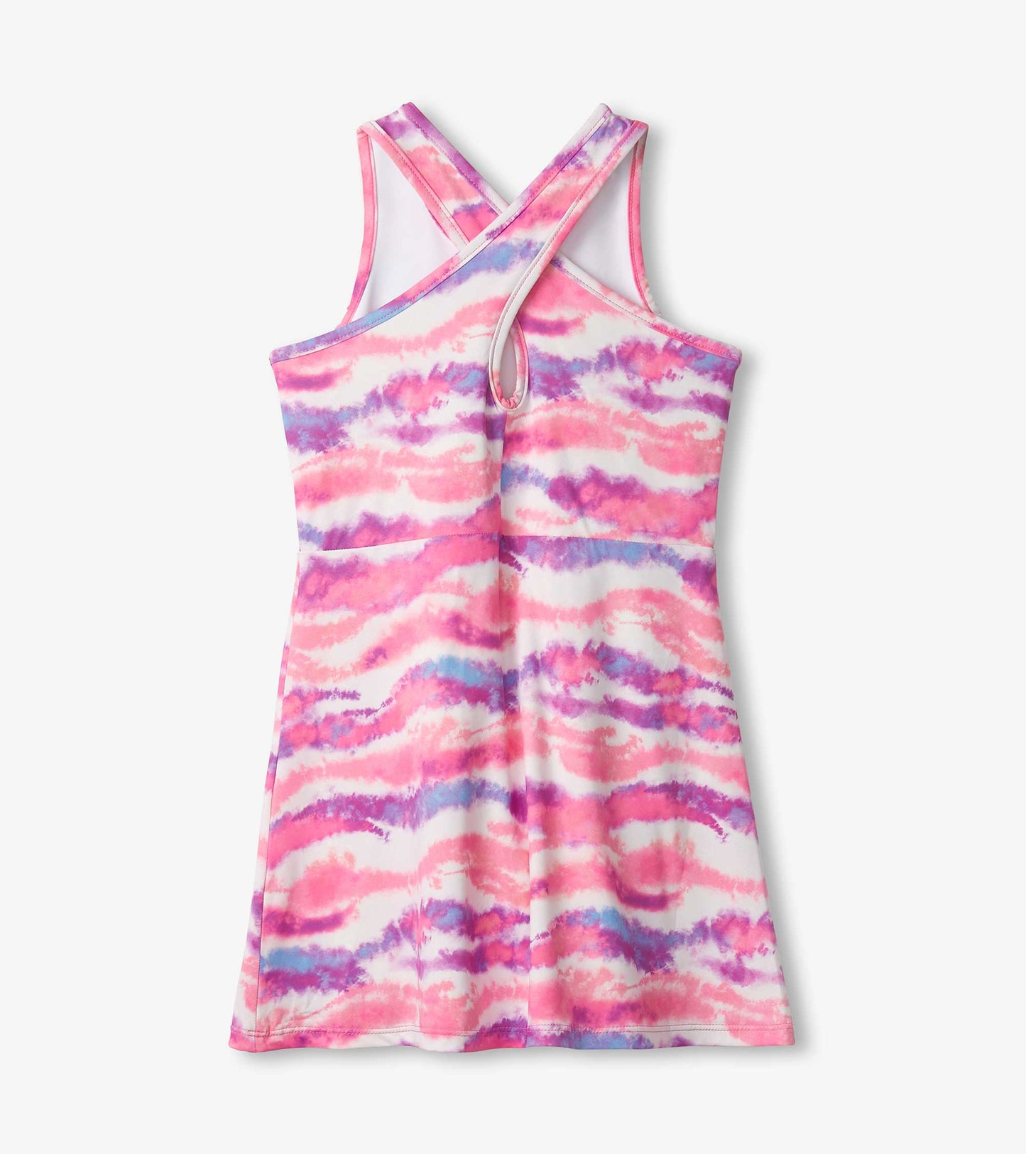Girls A-line dress featuring a candy ombre pattern in pink, purple, and white with crisscross straps at the back.