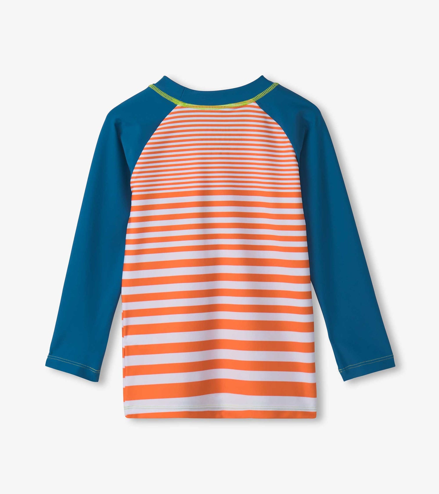 Long sleeve rashguard featuring orange and white stripes with blue sleeves, ideal for sun protection during water activities.