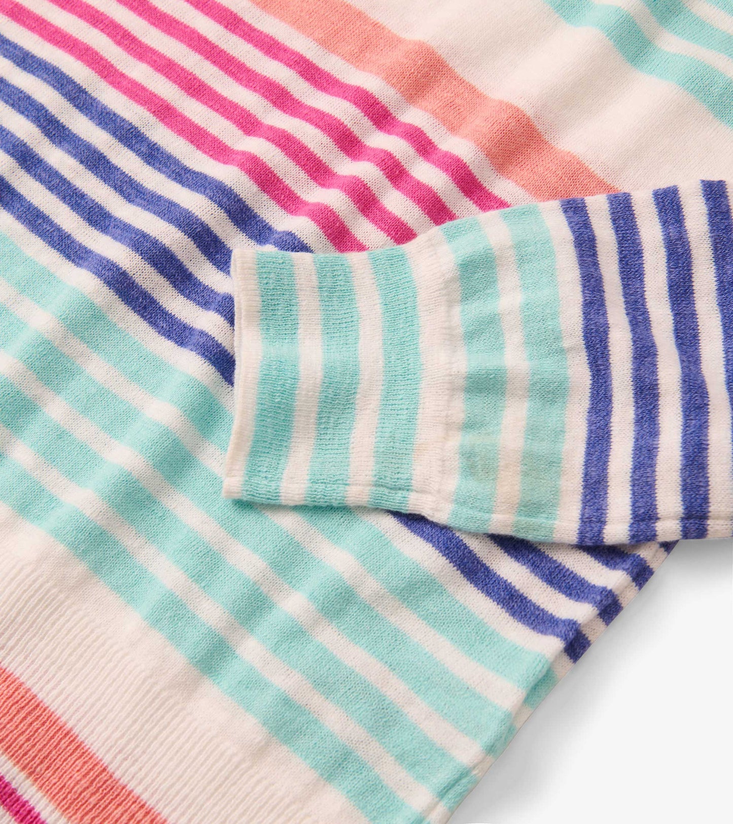 3/4 sleeve knit top featuring cherry stripes in pink, blue, and mint on a cream background. Soft, lightweight fabric.