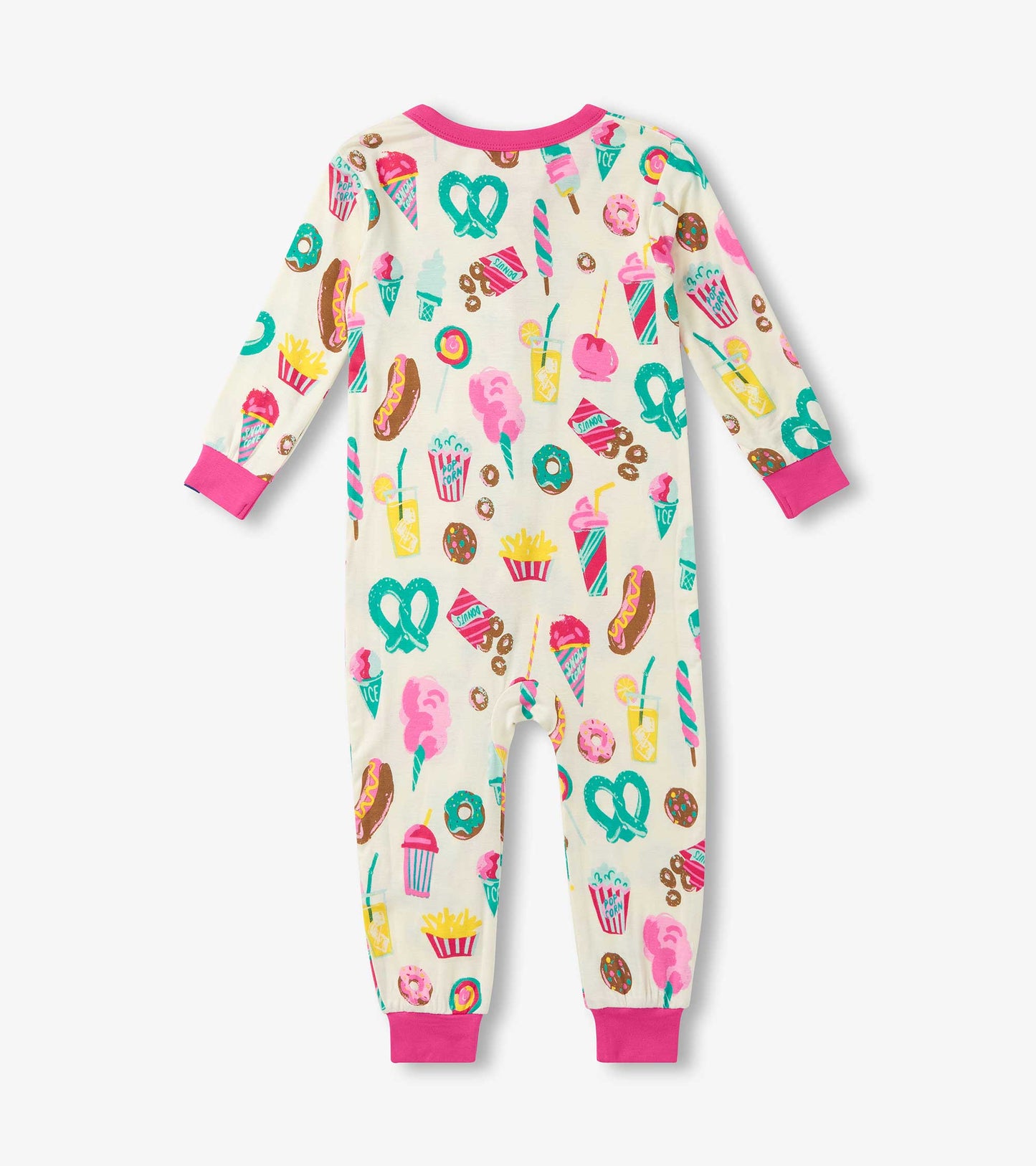 Cream-colored sleeper with colorful carnival treats pattern and pink cuffs, suitable for baby girls.