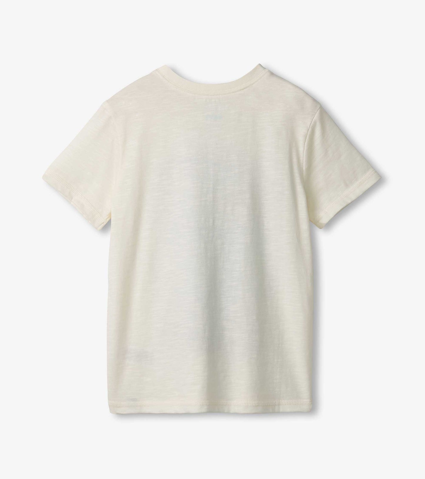 Light cream short-sleeve graphic tee featuring a shark design, suitable for boys. Back view only.