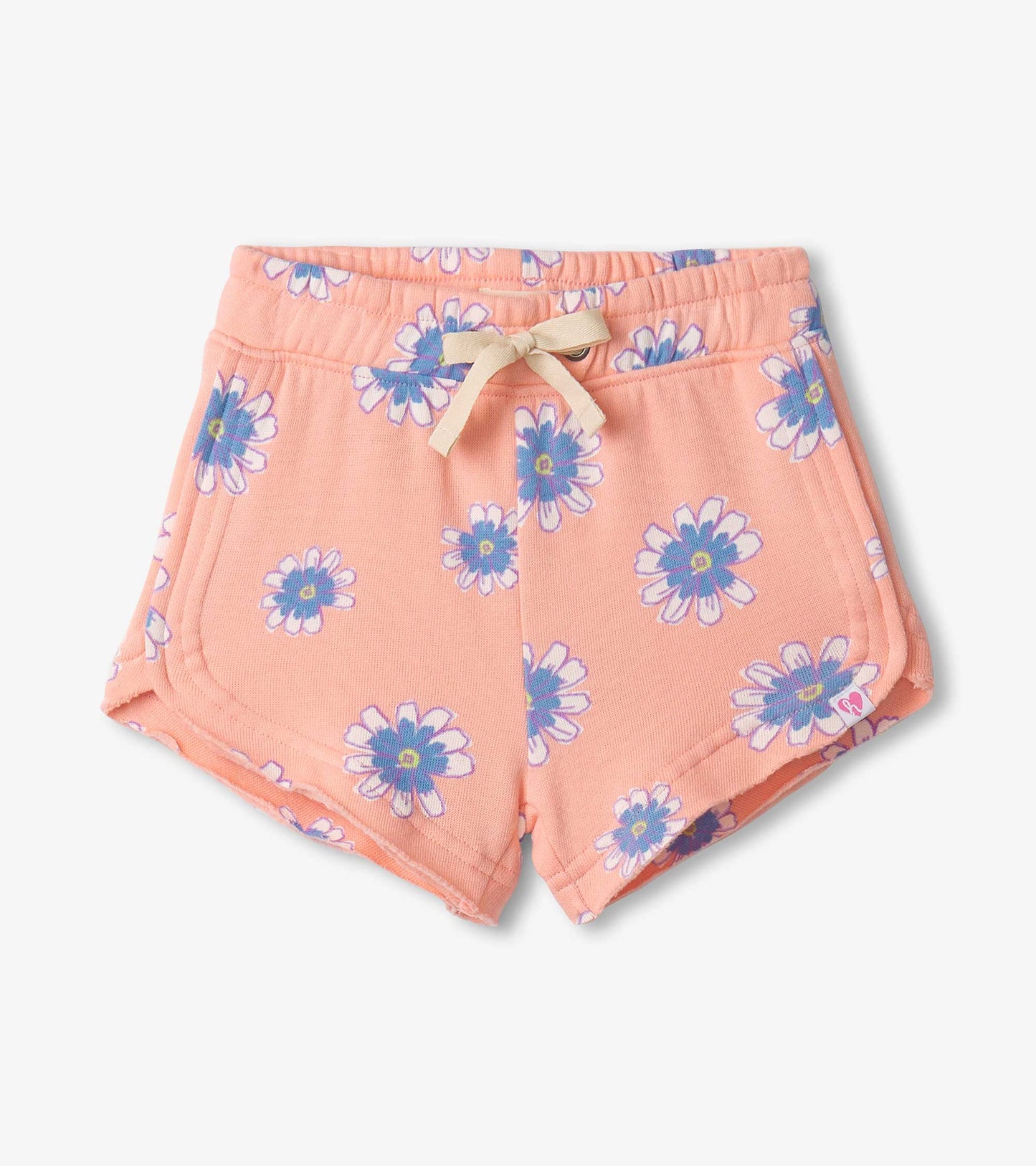 Peach pull-on shorts with a floral pattern, featuring a drawstring waist and curved hem.