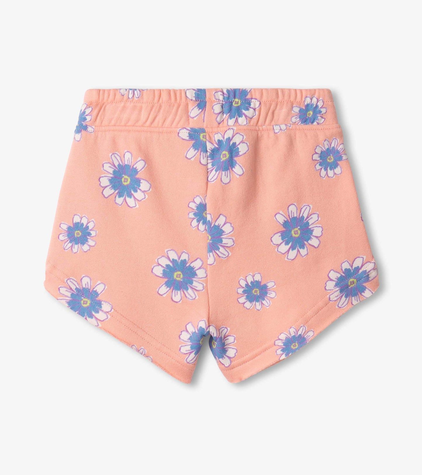Peach pull-on shorts with a floral pattern featuring white and blue daisies, designed for girls.