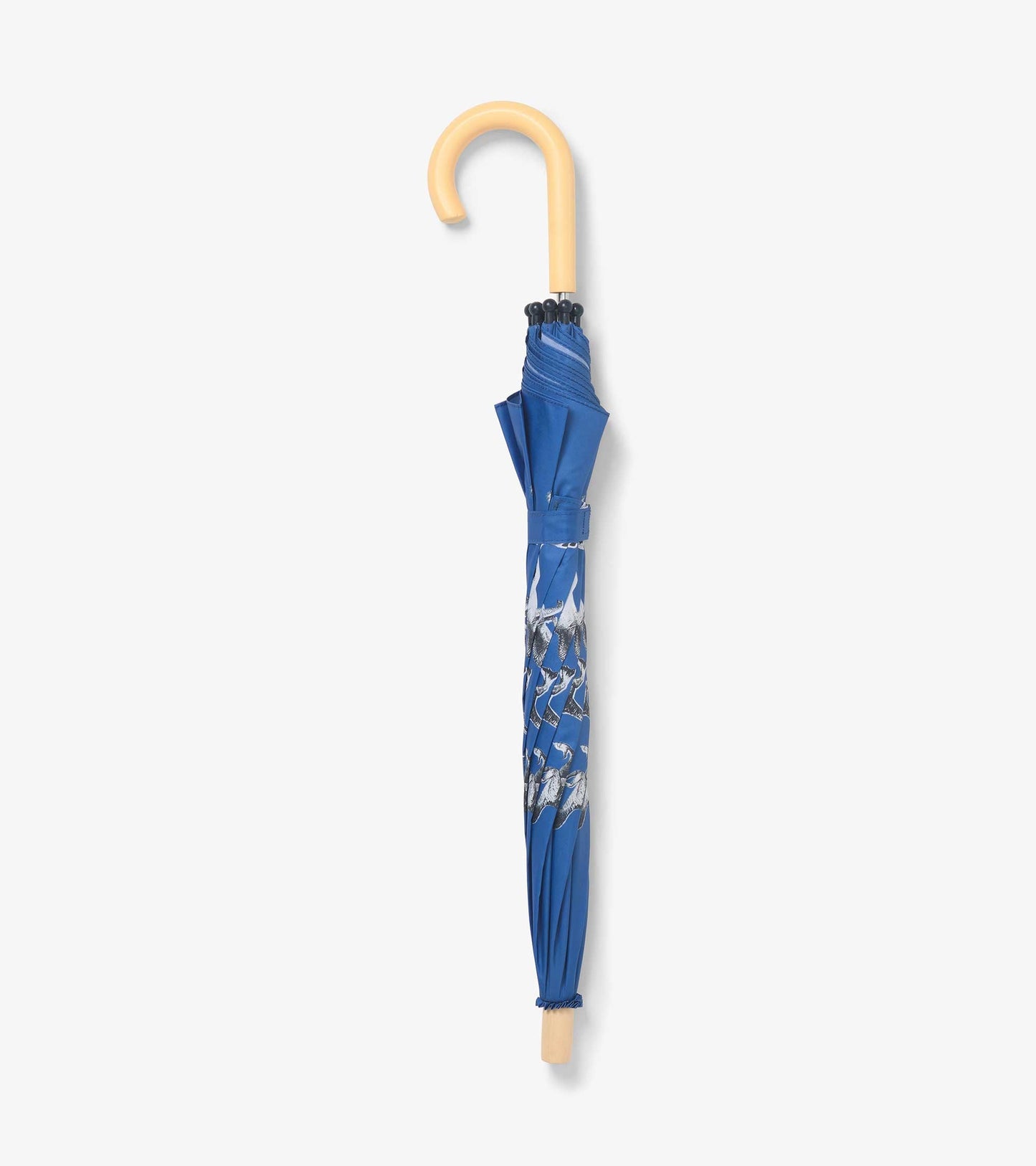 Blue umbrella featuring a dinosaur pattern, with a curved wooden handle and a compact design.