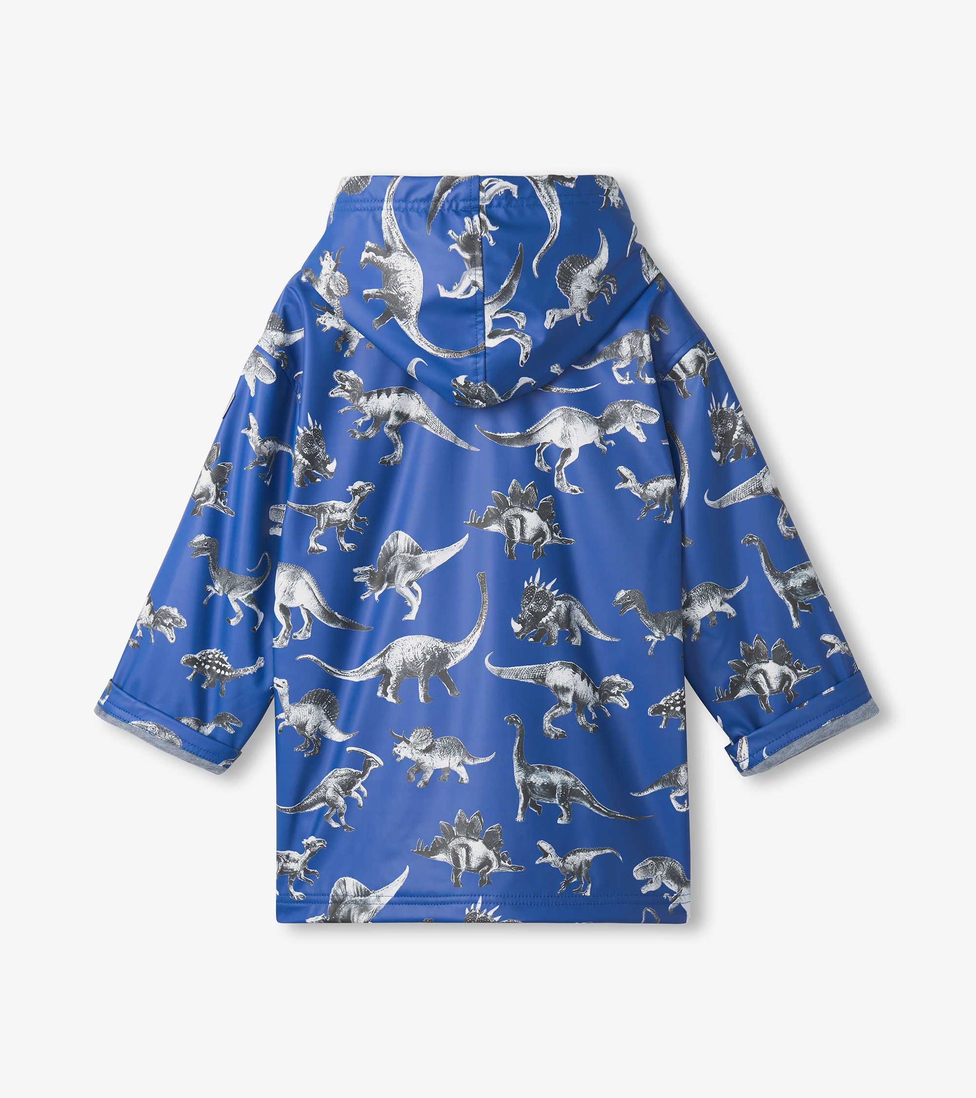 Blue zip-up rain jacket featuring a dinosaur print, designed for boys with a hood and short sleeves.