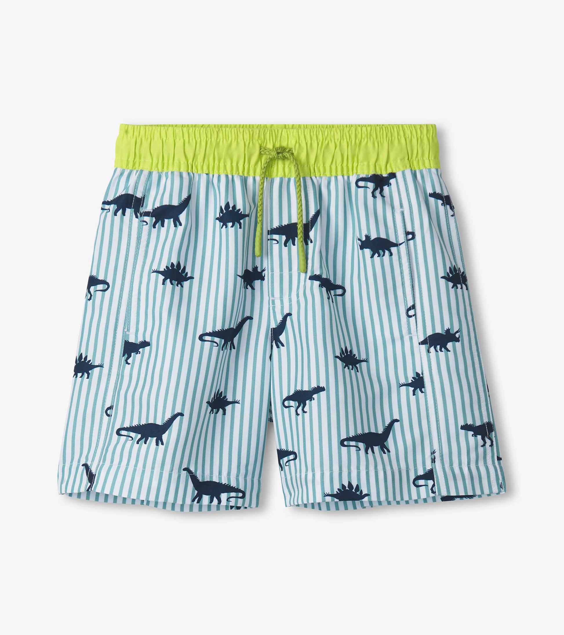 Boys' swim trunks featuring a blue and white striped pattern with black dinosaur silhouettes and a bright green waistband.