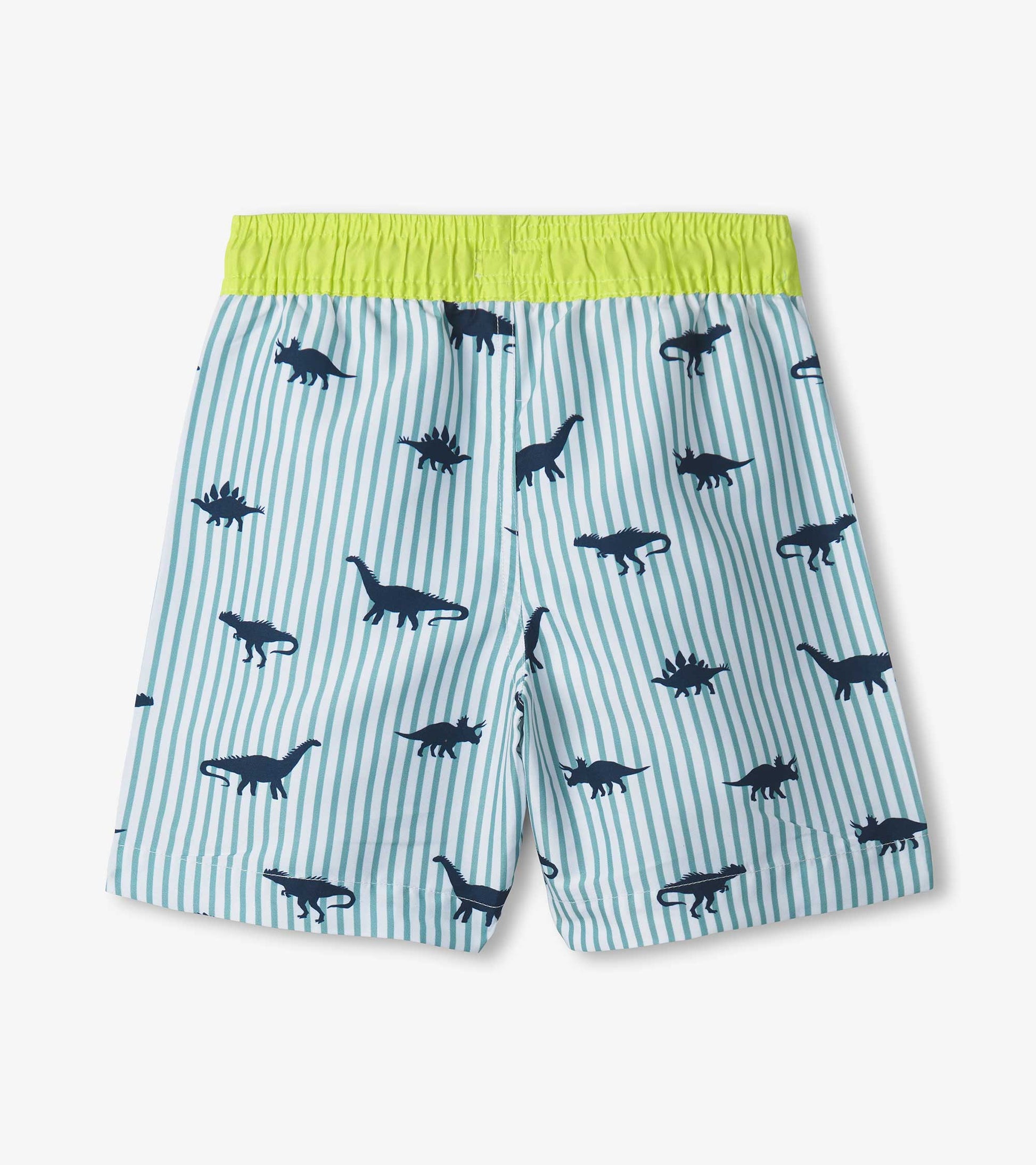 Light blue swim trunks with navy dinosaur prints and a bright green elastic waistband.