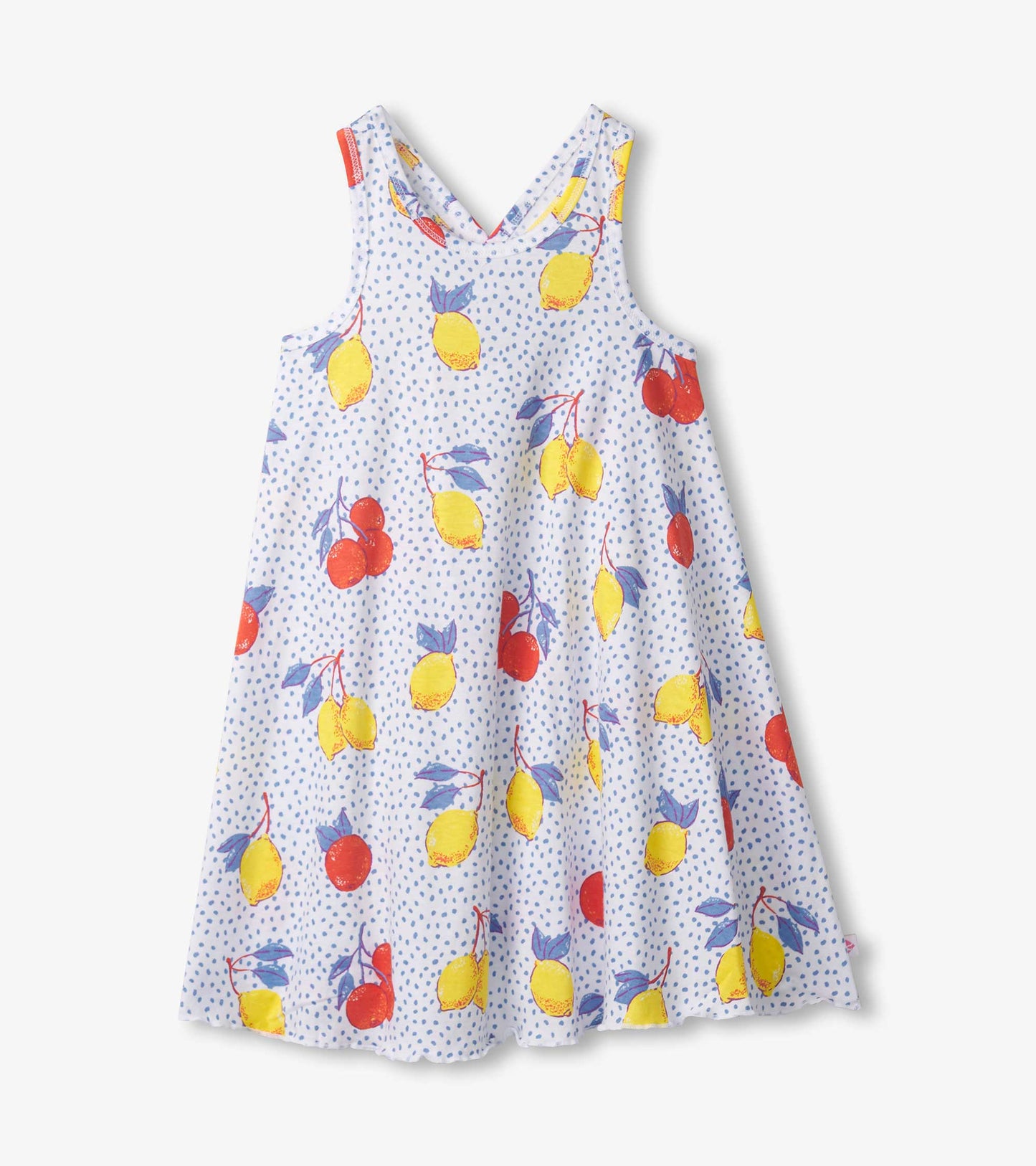 Light blue trapeze dress with yellow lemons and red cherries pattern, featuring a V-neck and sleeveless design.