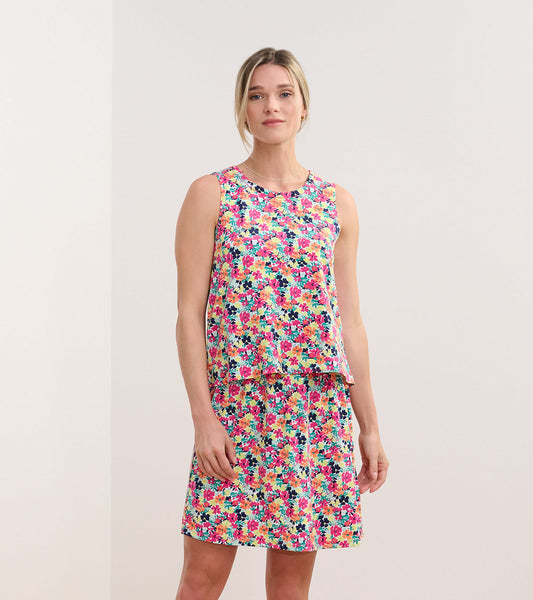 Sleeveless dress featuring a vibrant floral pattern in pink, blue, and yellow, with a relaxed fit and flared skirt.
