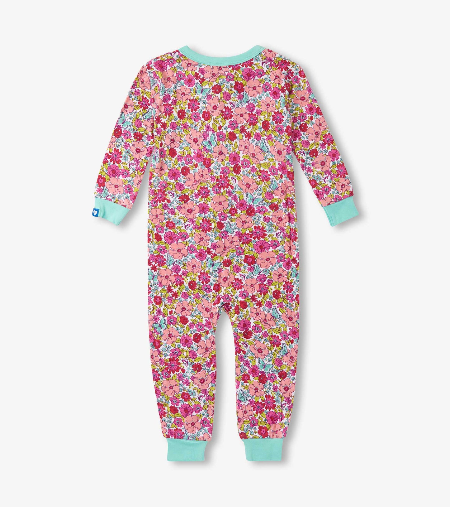 Pink floral sleeper with long sleeves and mint green cuffs, designed for baby girls, shown from the back.