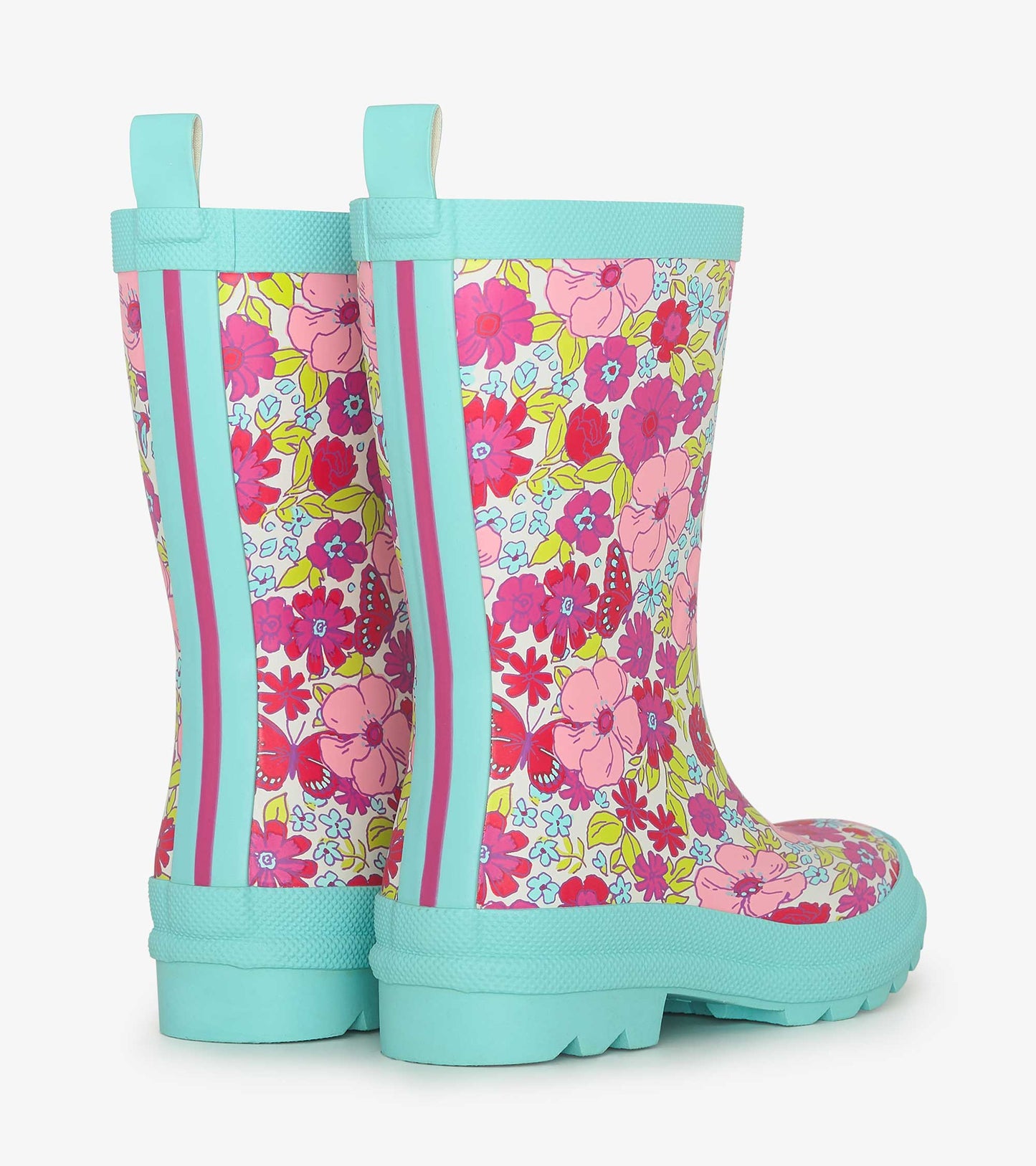 Colorful matte rain boots featuring a floral pattern with pink, red, and blue flowers, and a turquoise sole and accents.