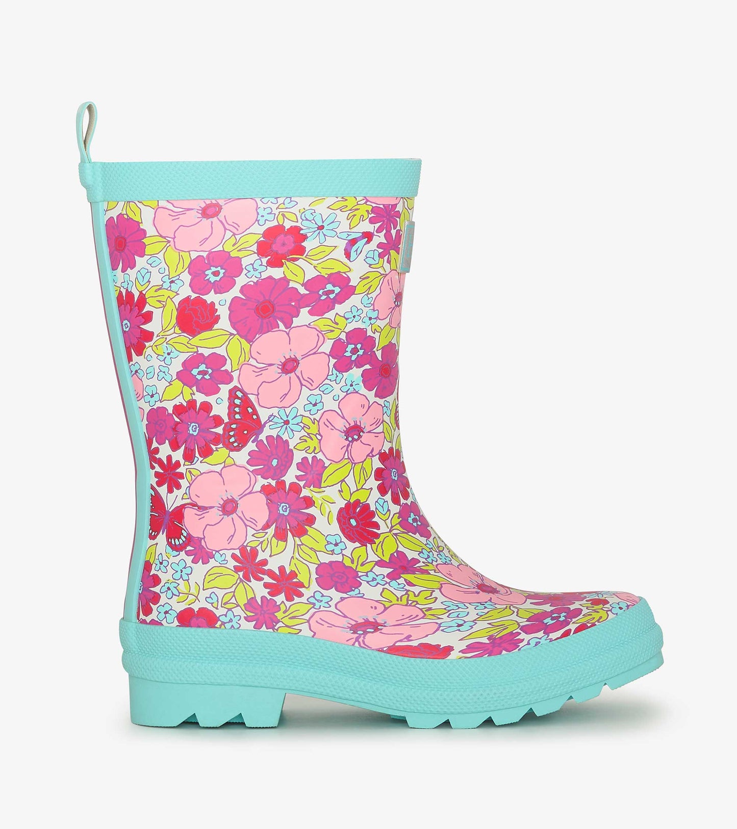Matte rain boots featuring a colorful floral pattern with pink, yellow, and blue flowers on a light background.